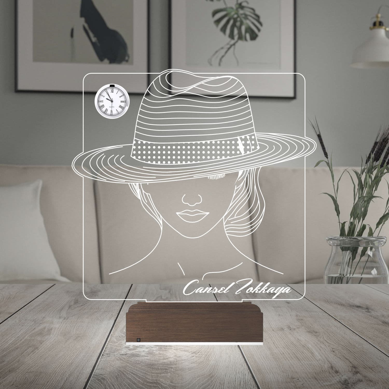 Девушка в шляпе — 3D LED Ночник с часами | Подарок женщине 2