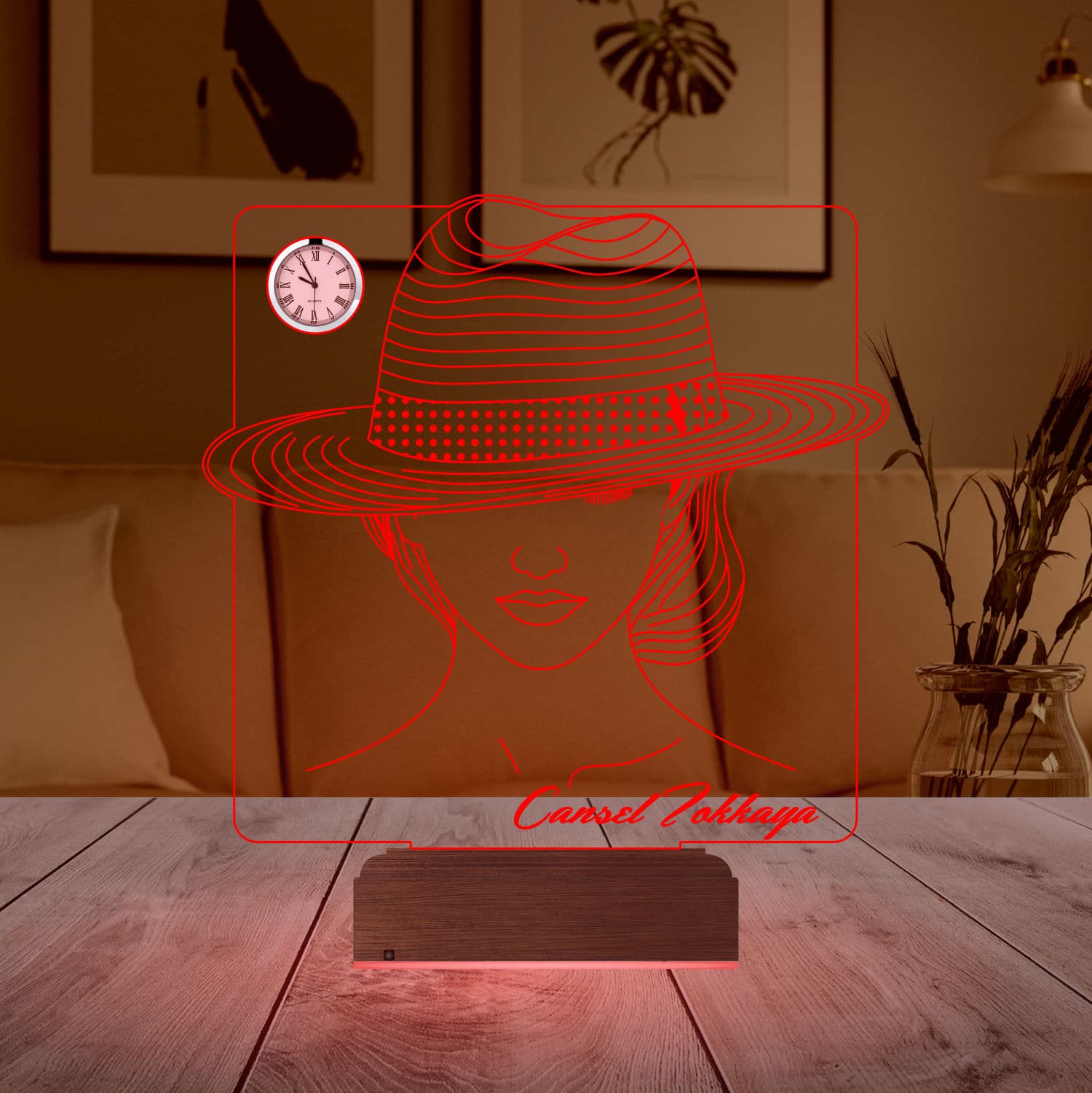 Девушка в шляпе — 3D LED Ночник с часами | Подарок женщине 4