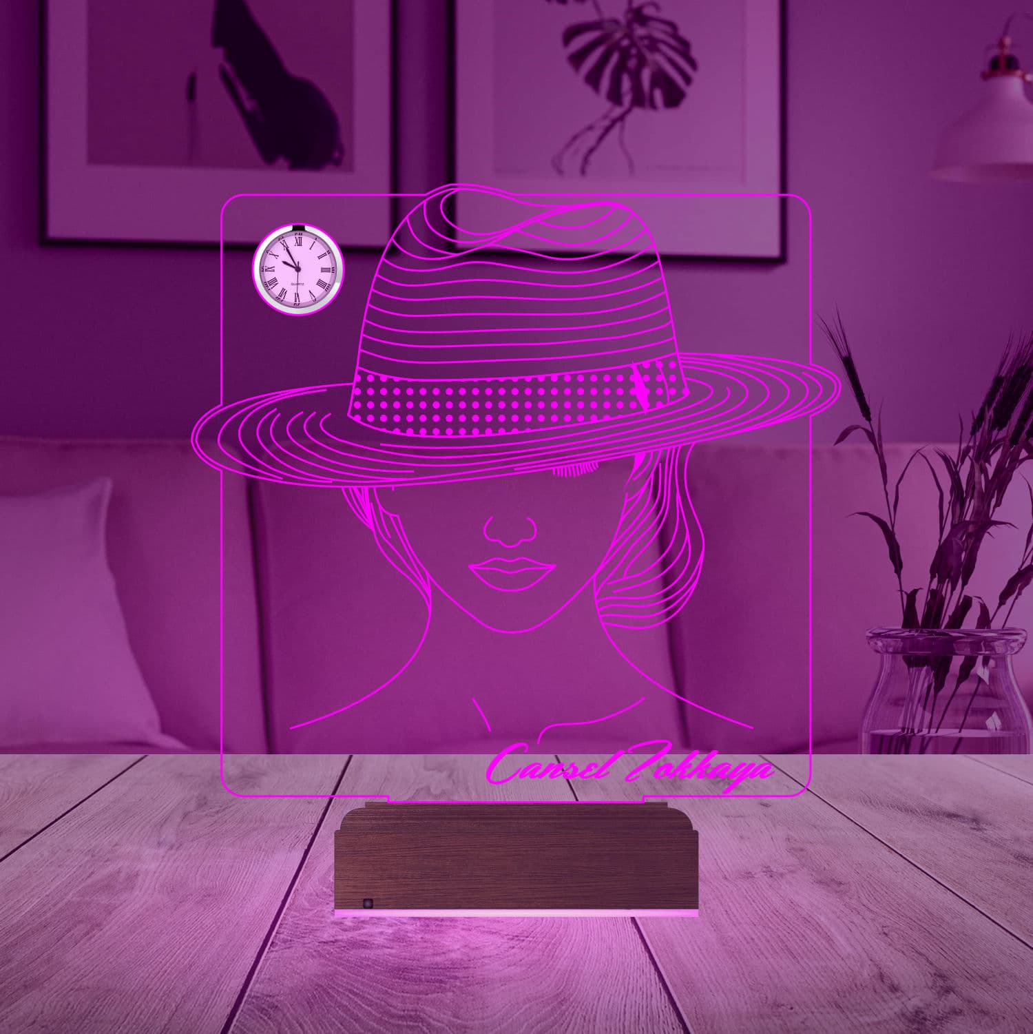 Девушка в шляпе — 3D LED Ночник с часами | Подарок женщине 5