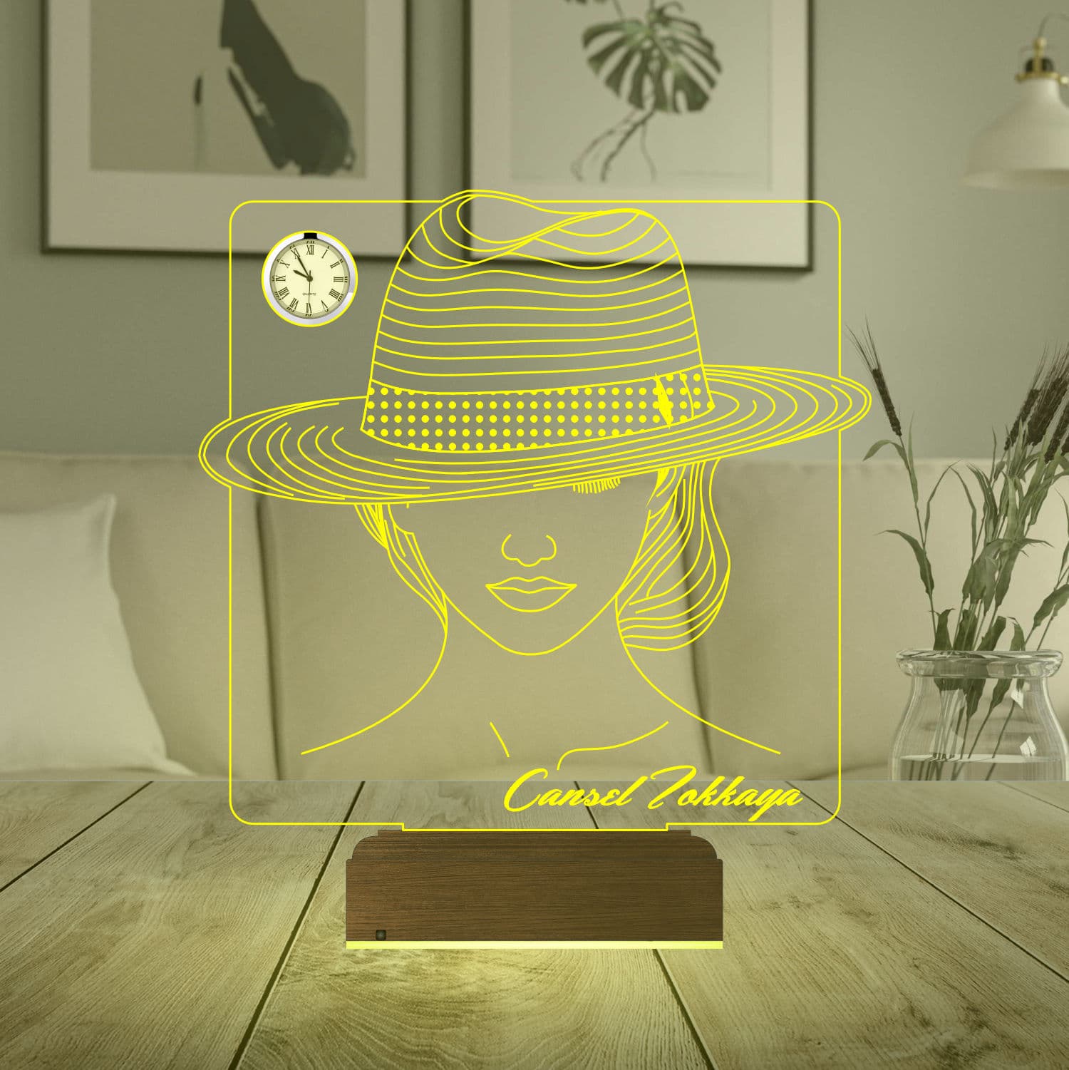 Девушка в шляпе — 3D LED Ночник с часами | Подарок женщине 6