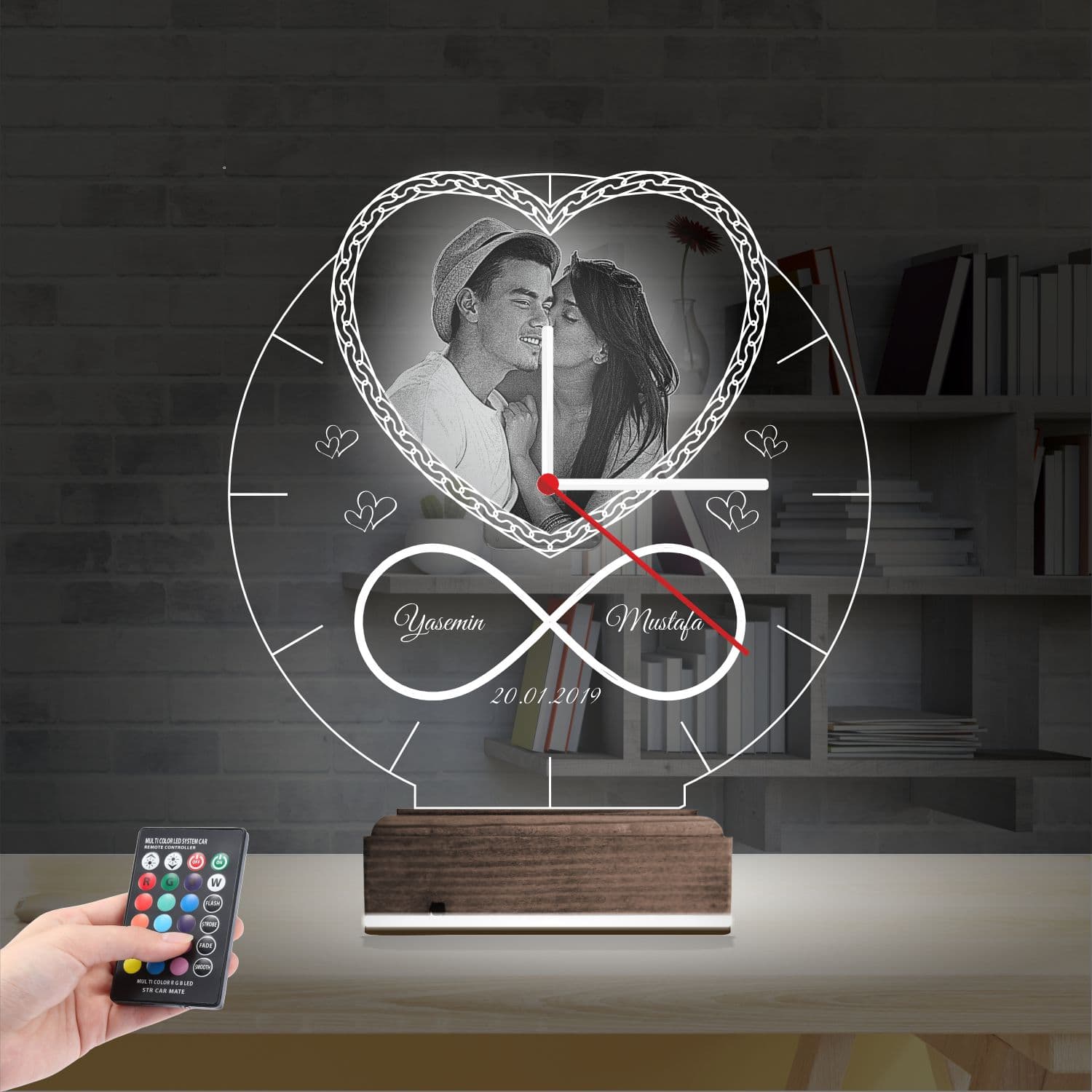 Сердце и бесконечность — 3D LED Ночник с часами | Подарок на годовщину 2