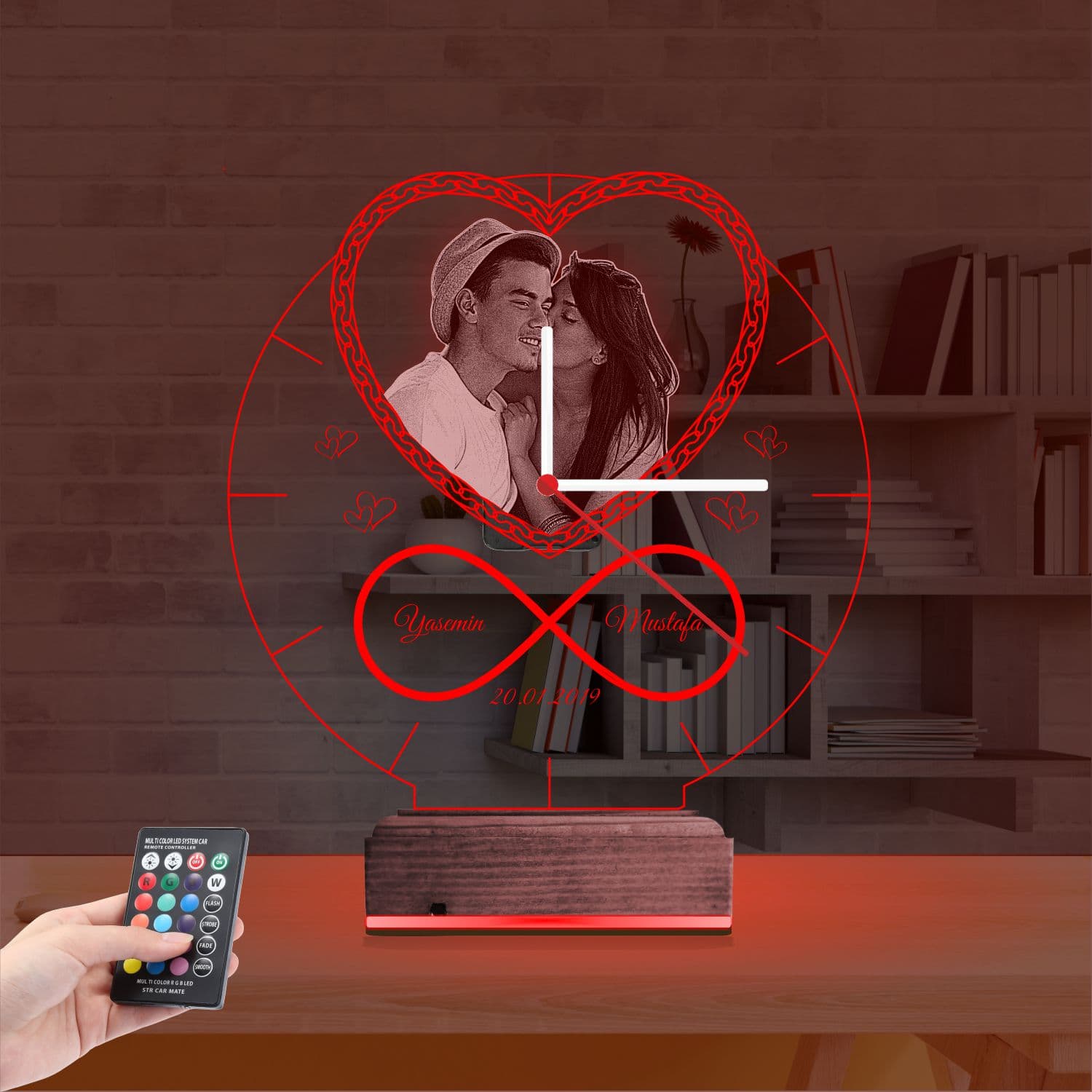 Сердце и бесконечность — 3D LED Ночник с часами | Подарок на годовщину 7