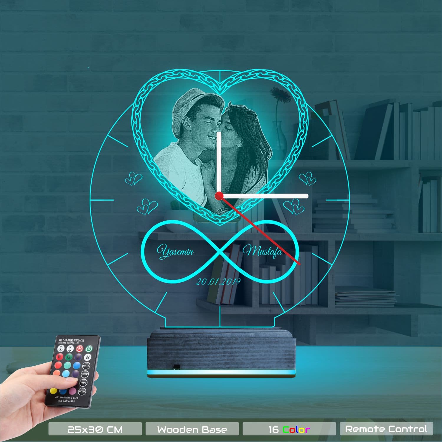 Сердце и бесконечность — 3D LED Ночник с часами | Подарок на годовщину 9