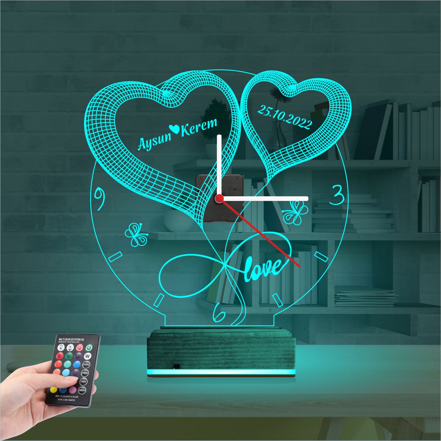 Часы с сердцами 3D Ночник 3