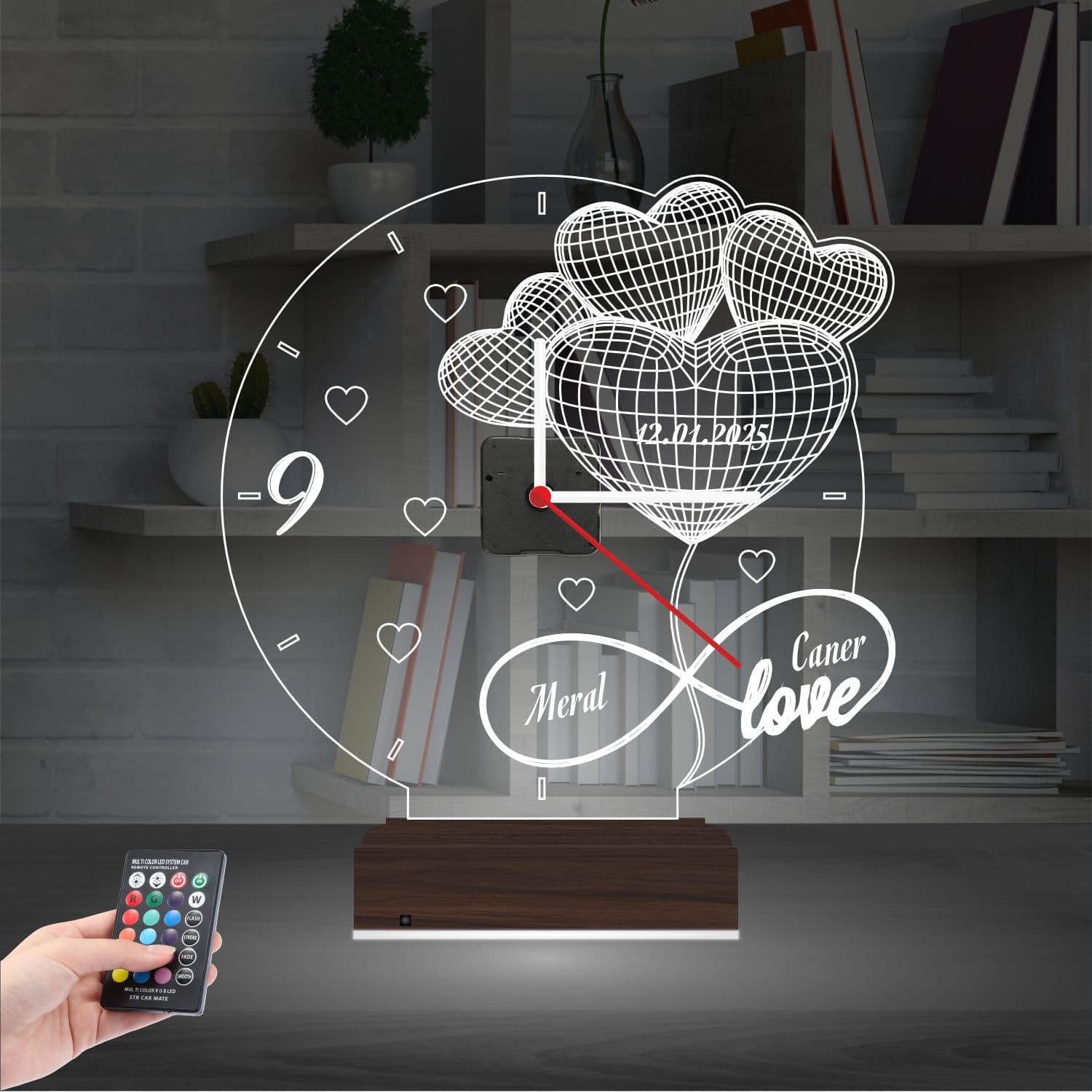 Сердца и Бесконечность — 3D LED Ночник с Часами | Подарок на годовщину 2