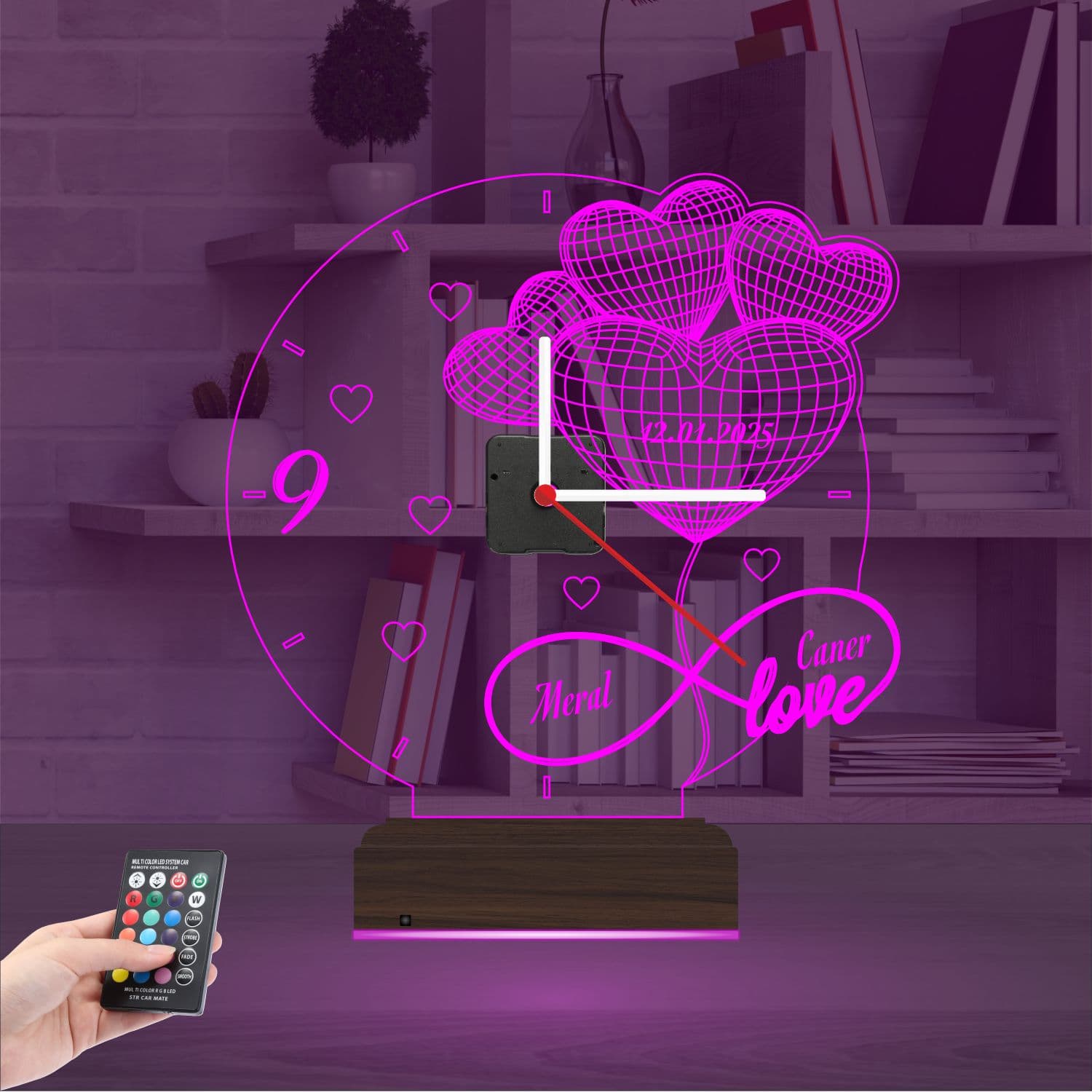 Сердца и Бесконечность — 3D LED Ночник с Часами | Подарок на годовщину 4