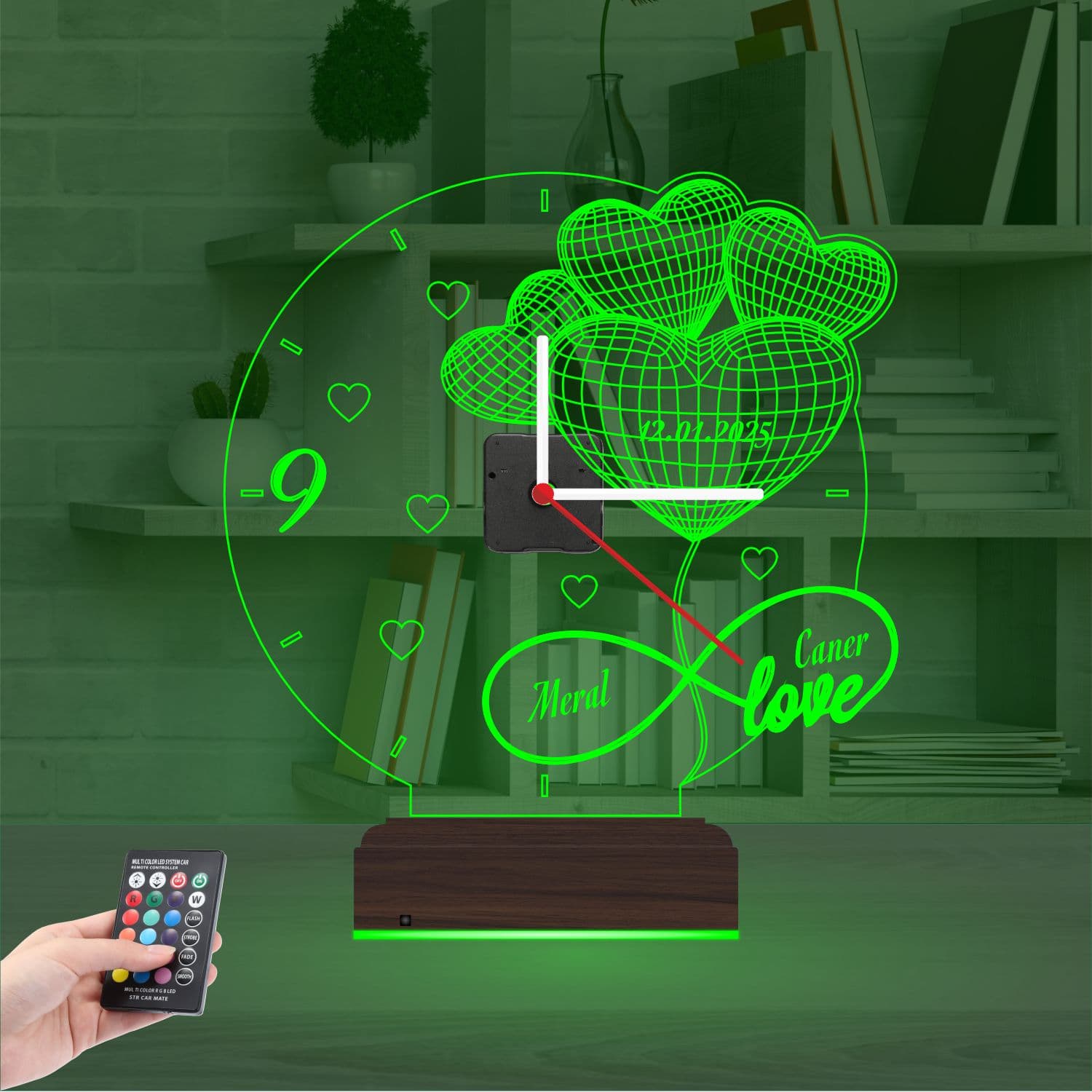 Сердца и Бесконечность — 3D LED Ночник с Часами | Подарок на годовщину 6