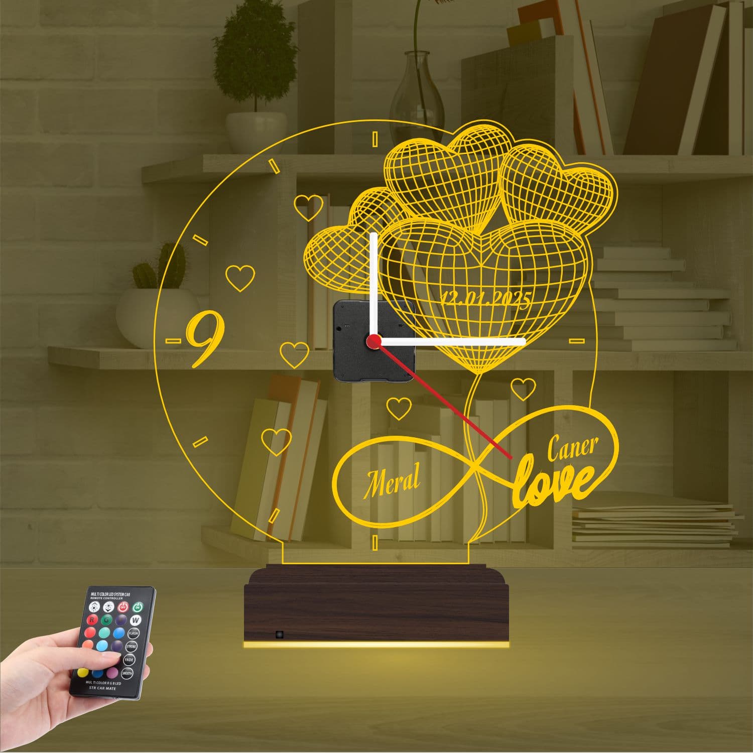 Сердца и Бесконечность — 3D LED Ночник с Часами | Подарок на годовщину 8