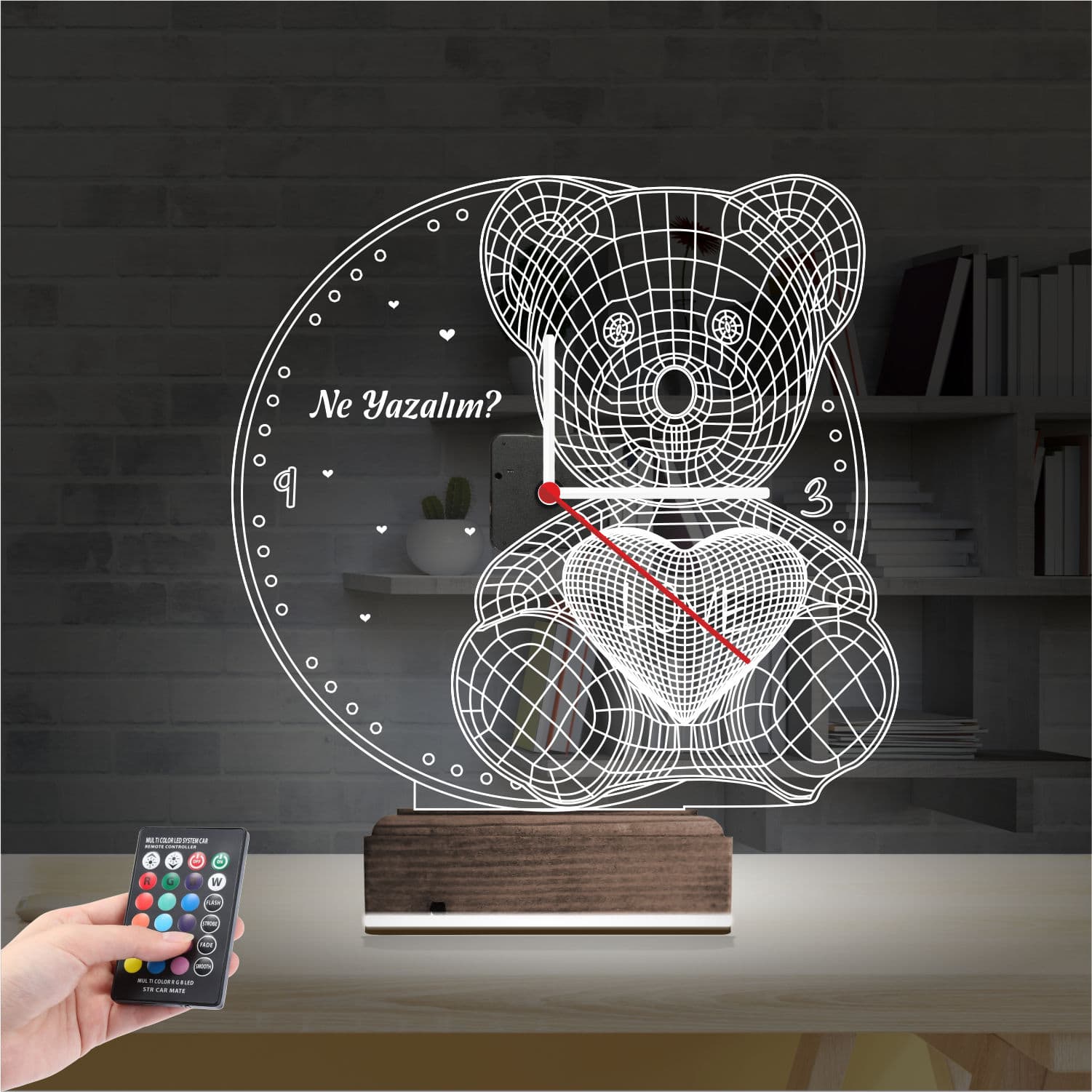 Мишка с сердцем и часами 3D Ночник 2