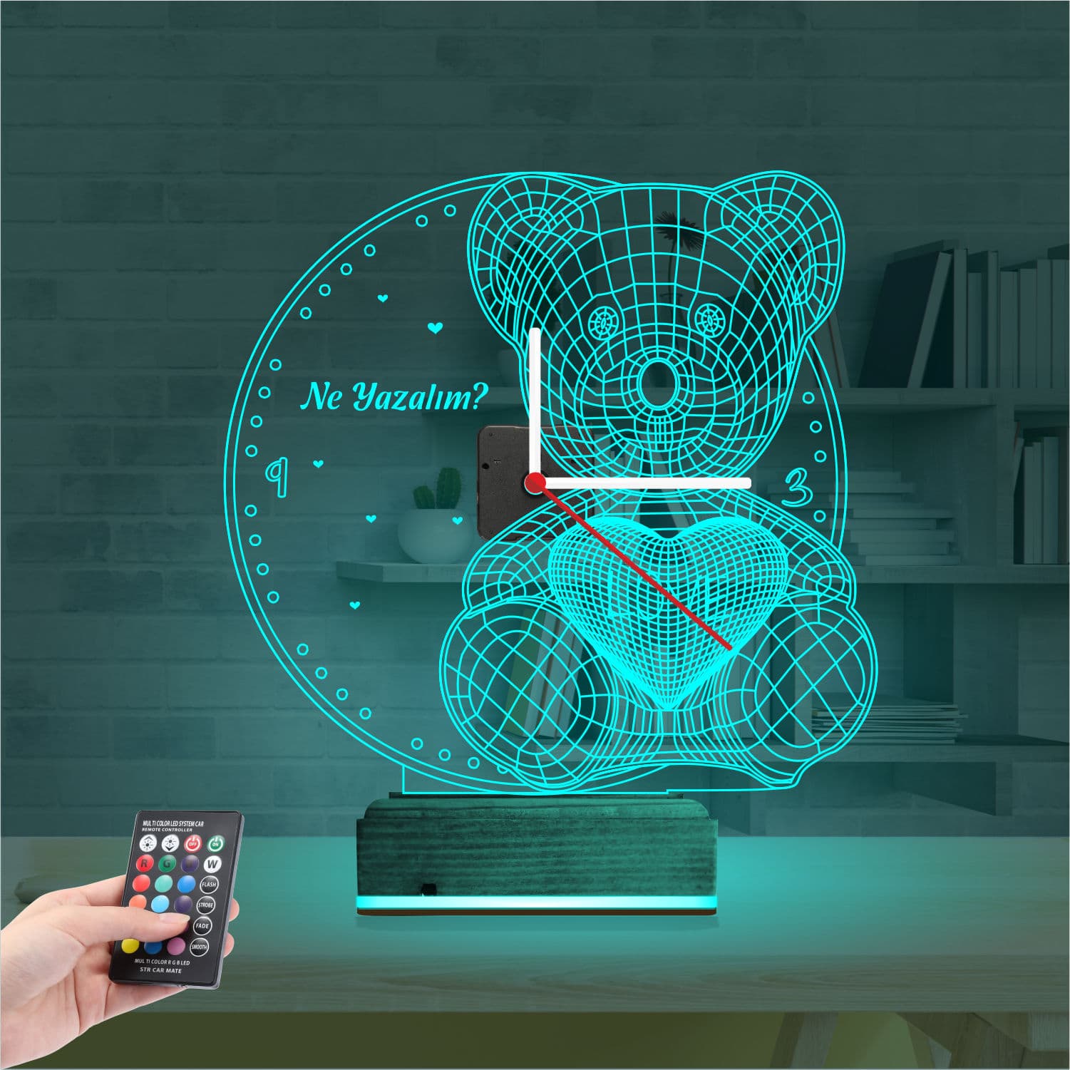 Мишка с сердцем и часами 3D Ночник 3