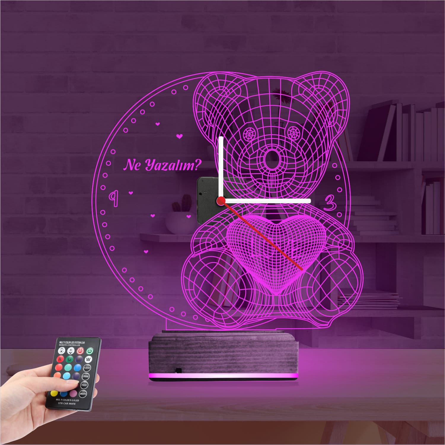 Мишка с сердцем и часами 3D Ночник 4