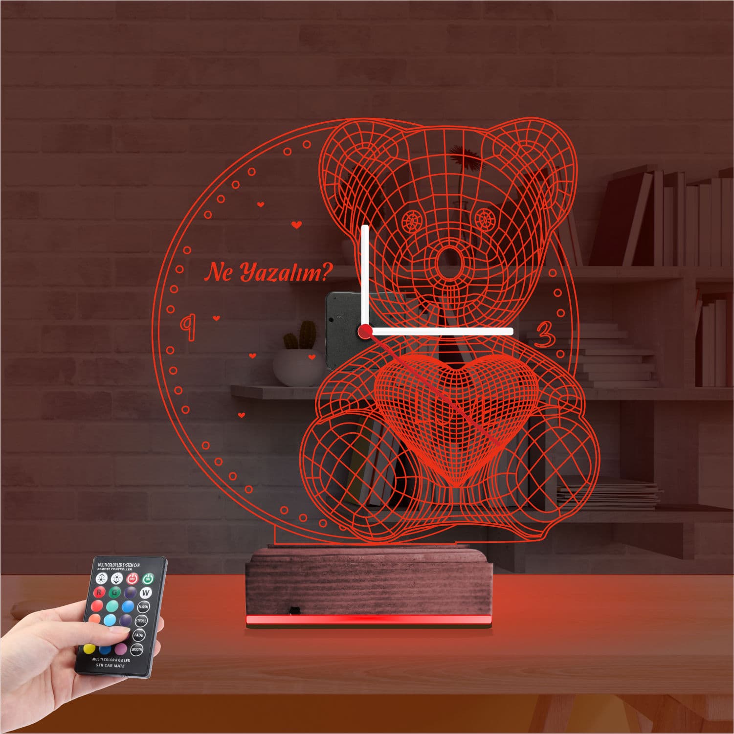 Мишка с сердцем и часами 3D Ночник 7