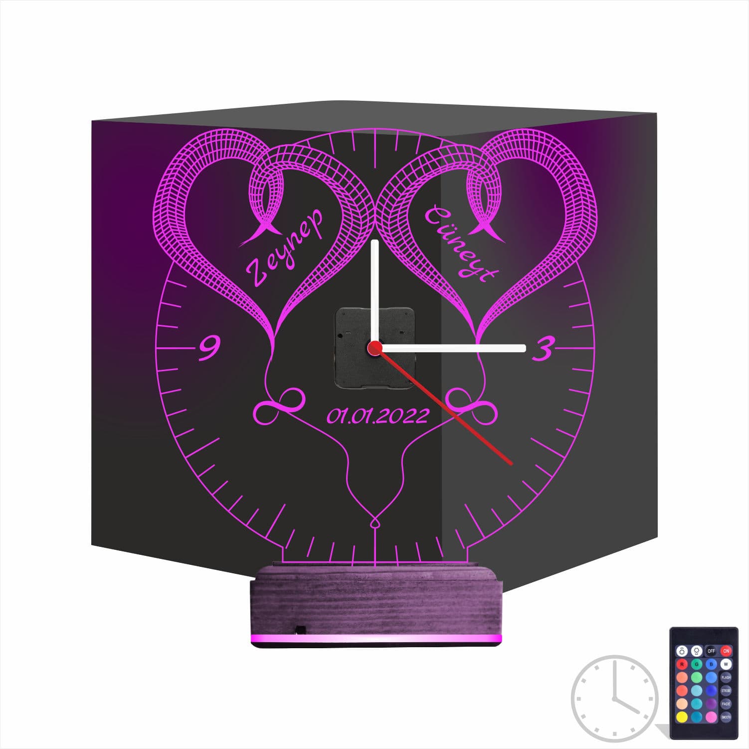 Сердца и Часы с Именами 3D Ночник 1