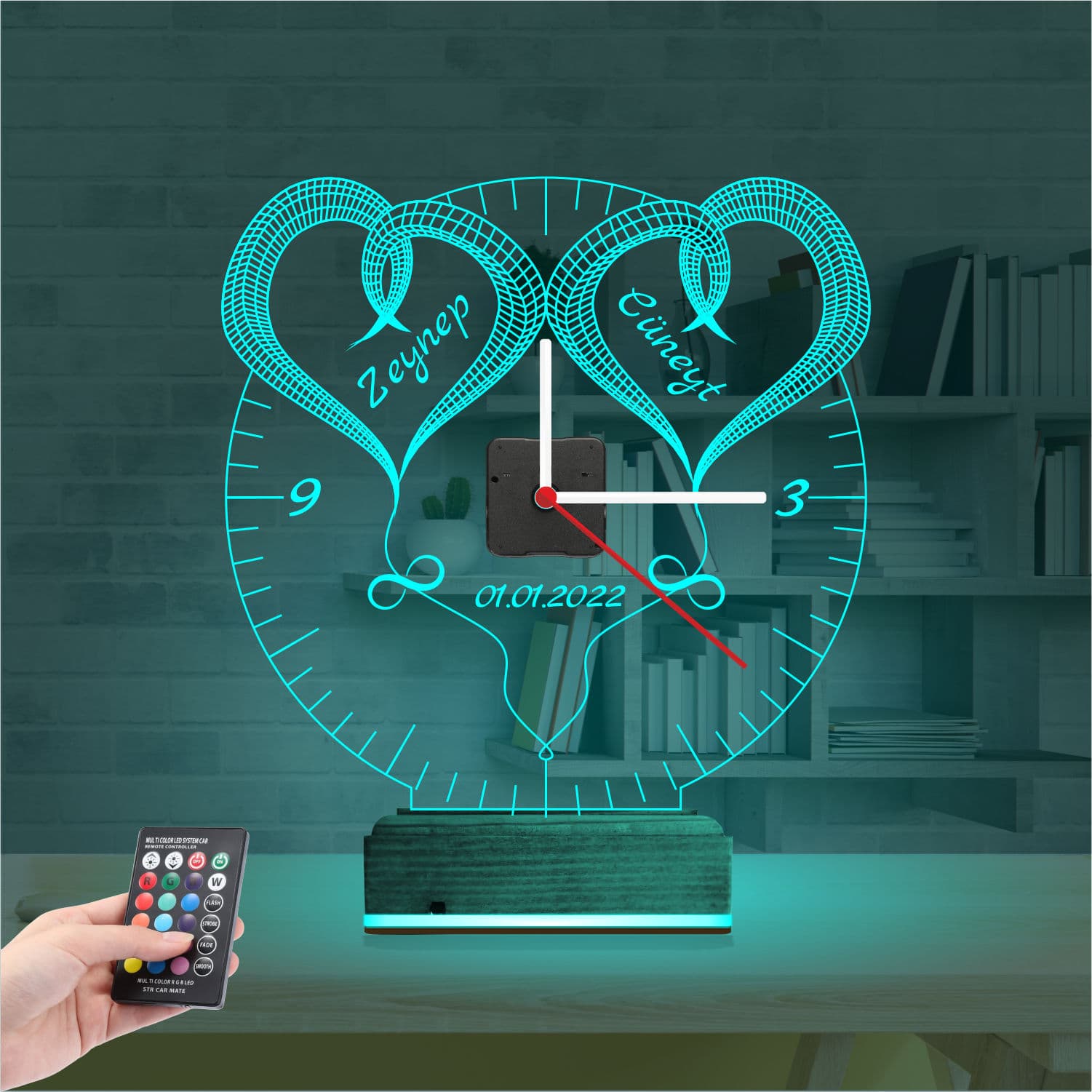 Сердца и Часы с Именами 3D Ночник 3