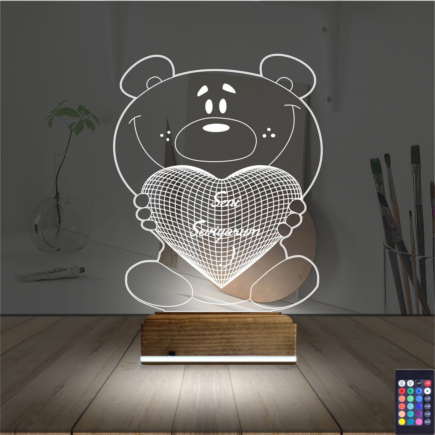 Мишка с сердцем «Seni Seviyorum» — 3D LED Ночник | Подарок любимым 2