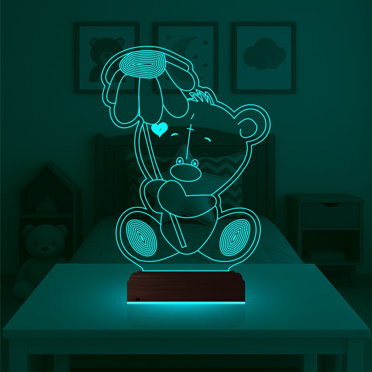 Мишка с цветком — 3D LED Ночник | Подарок детям и любимым 3