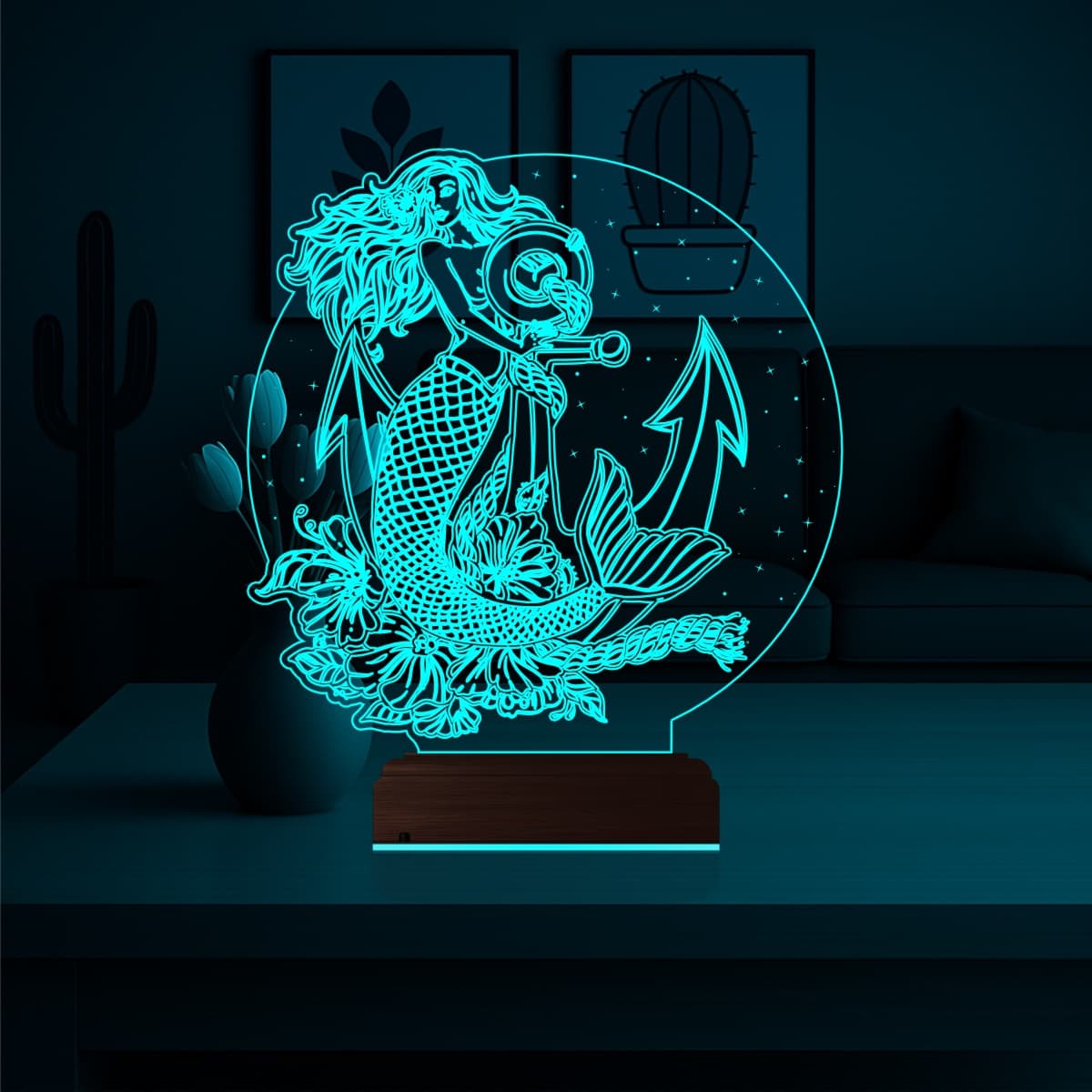 Русалка с якорем — 3D LED Ночник | Подарок девушке 3