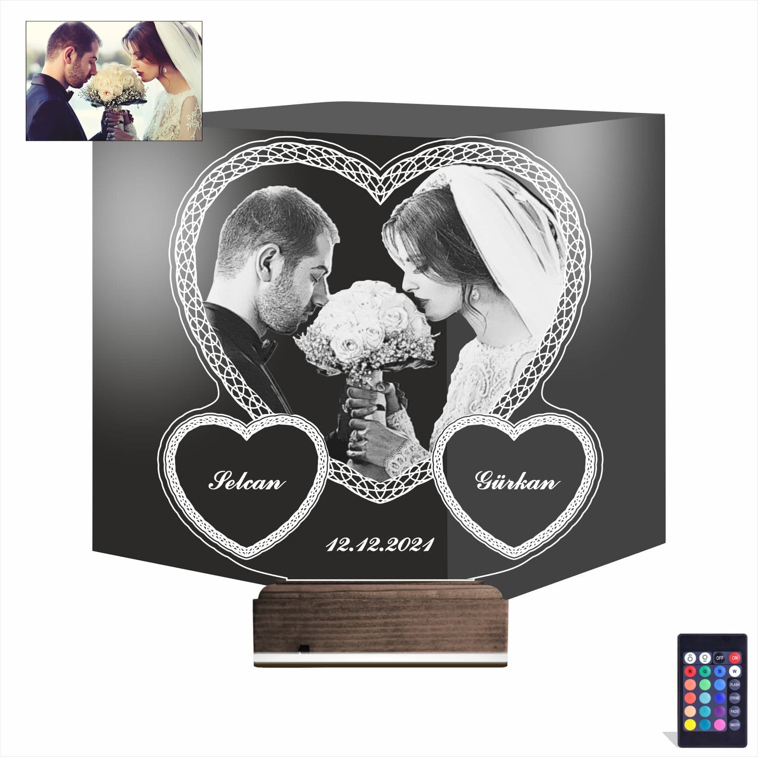 Свадебное фото и сердца — 3D LED Ночник | Подарок на годовщину 1