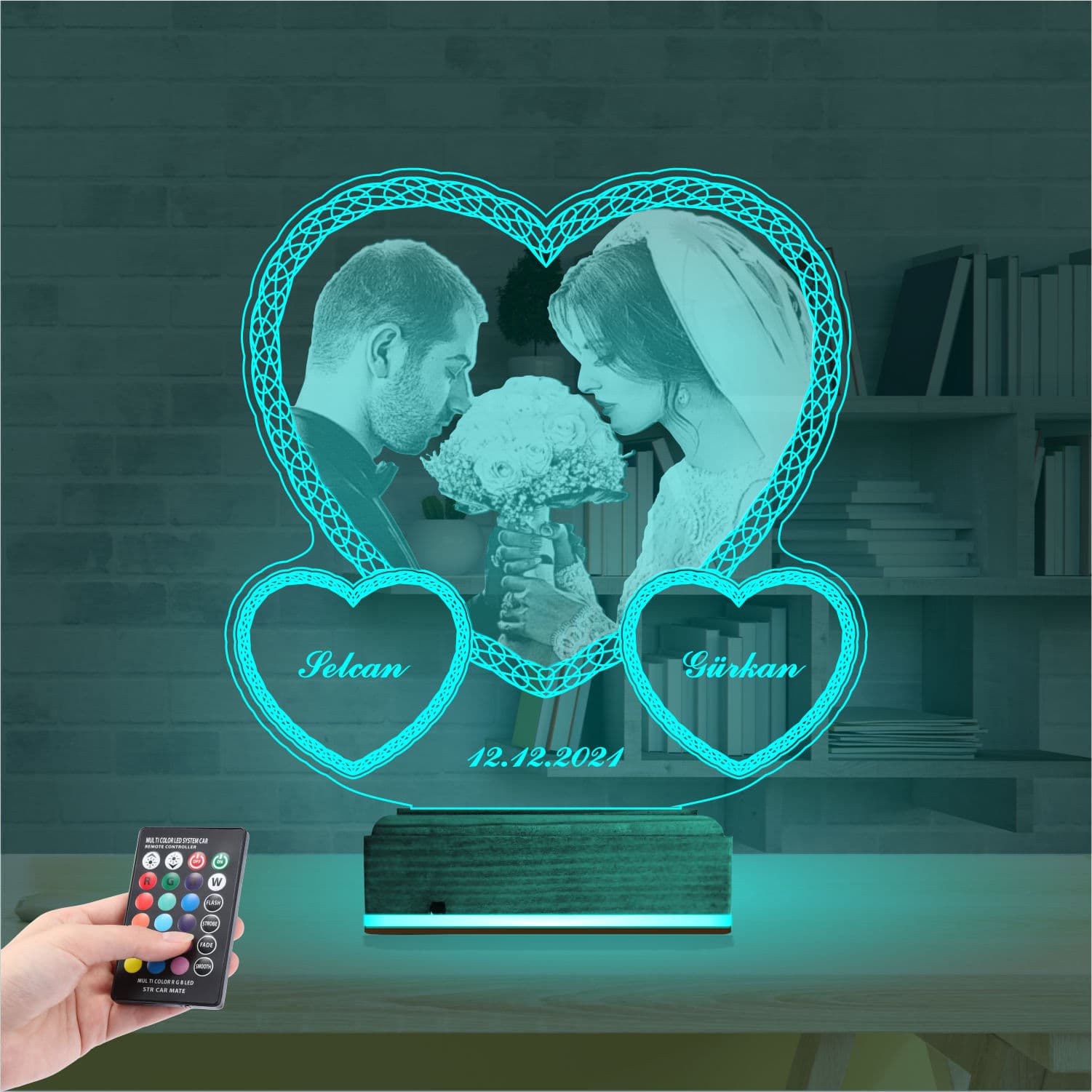 Свадебное фото и сердца — 3D LED Ночник | Подарок на годовщину 3