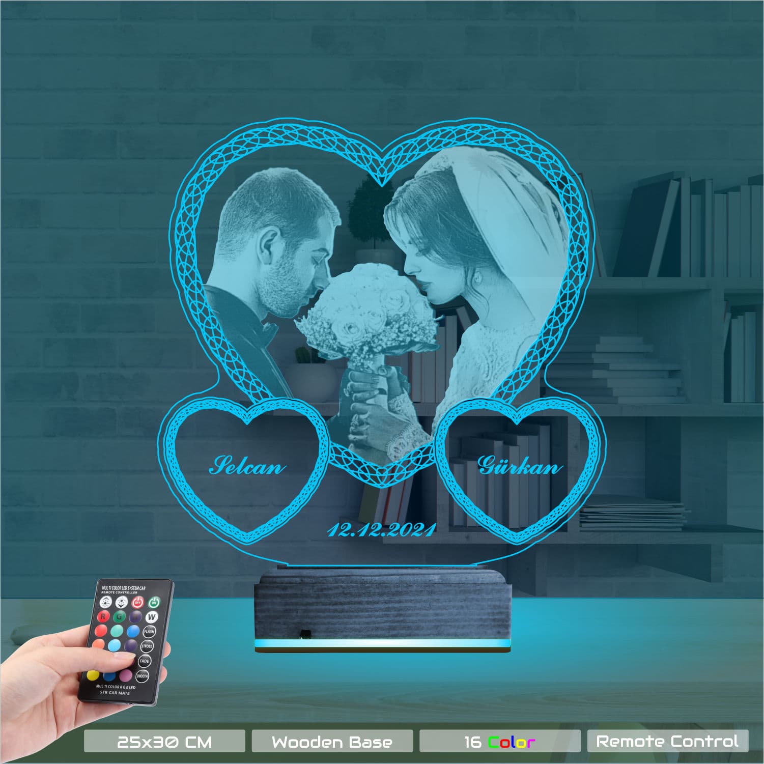 Свадебное фото и сердца — 3D LED Ночник | Подарок на годовщину 9