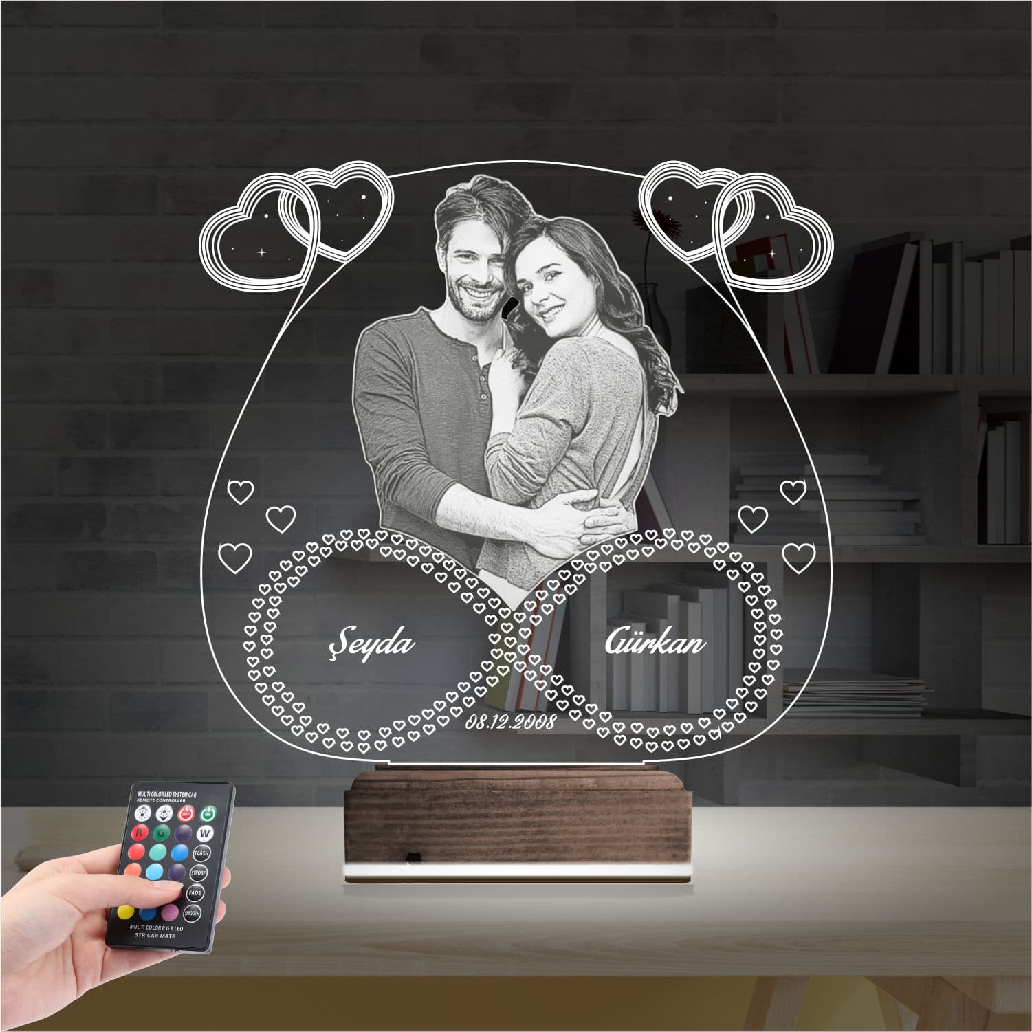 Пара с именами и фото — 3D LED Ночник | Подарок на годовщину 2