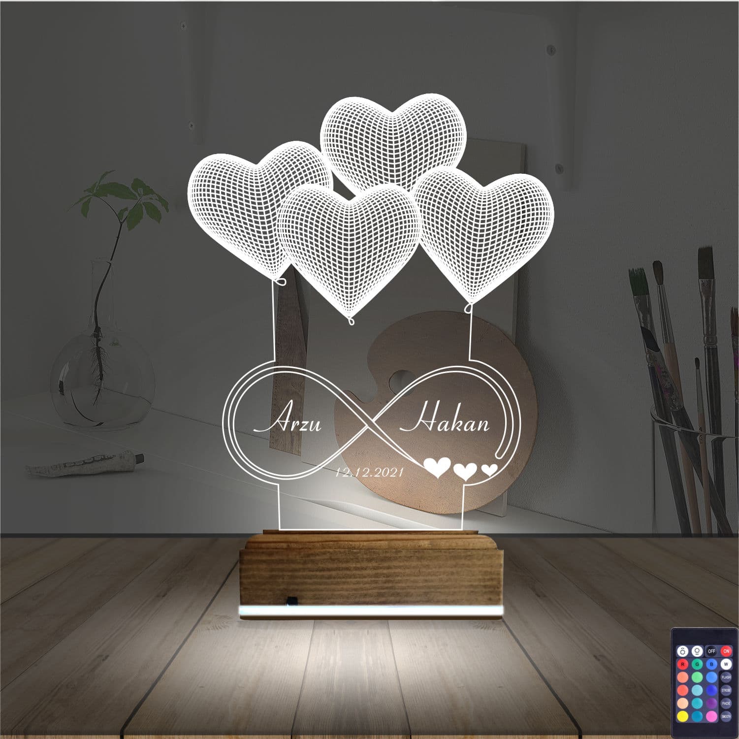 Сердца и бесконечность — 3D LED Ночник | Подарок на годовщину 2