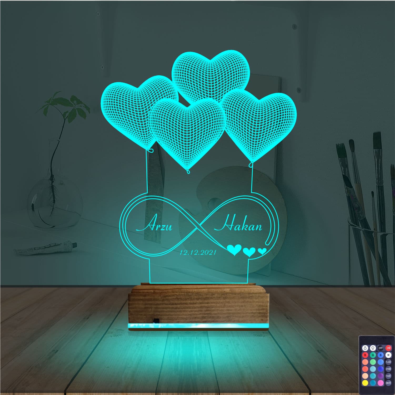 Сердца и бесконечность — 3D LED Ночник | Подарок на годовщину 3