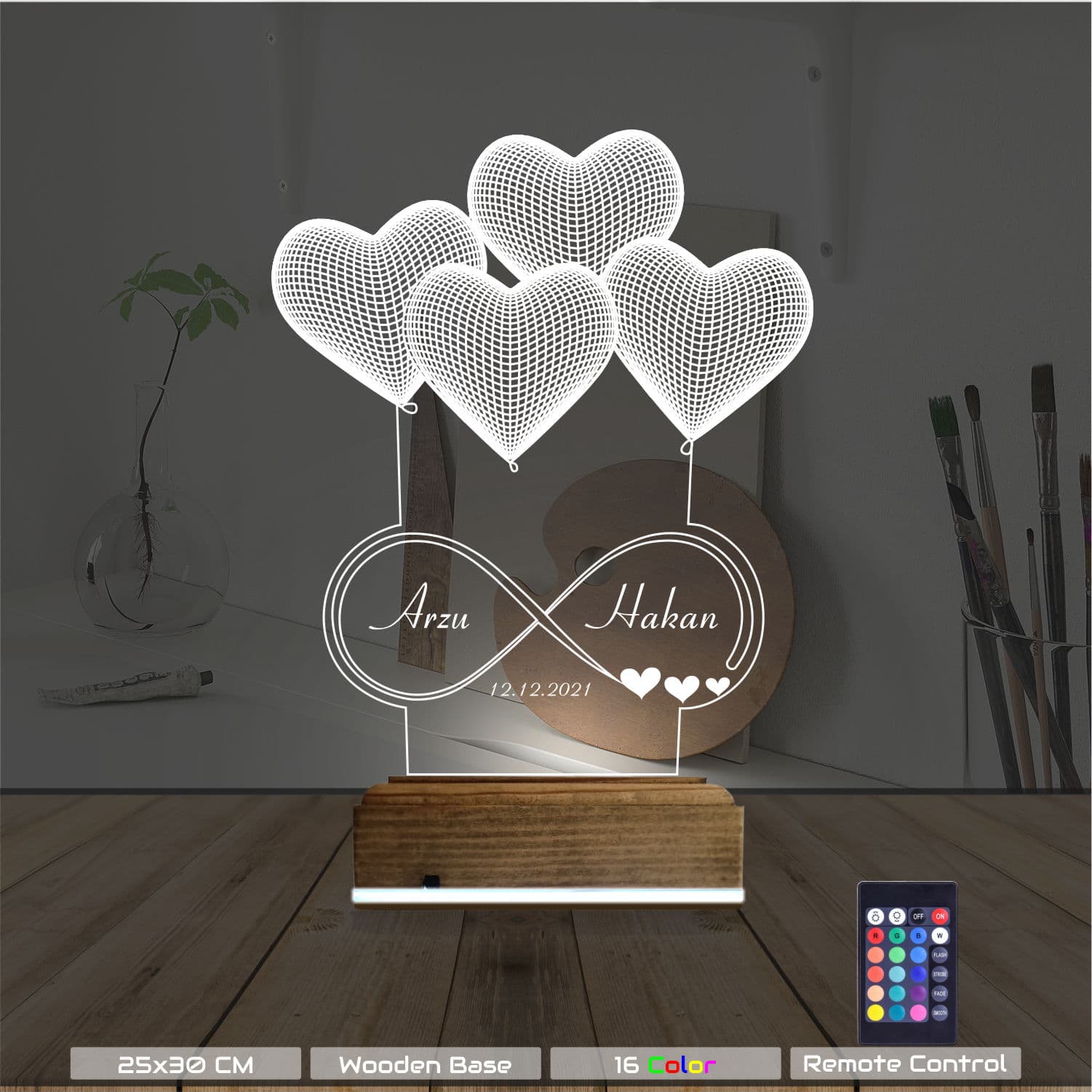 Сердца и бесконечность — 3D LED Ночник | Подарок на годовщину 8