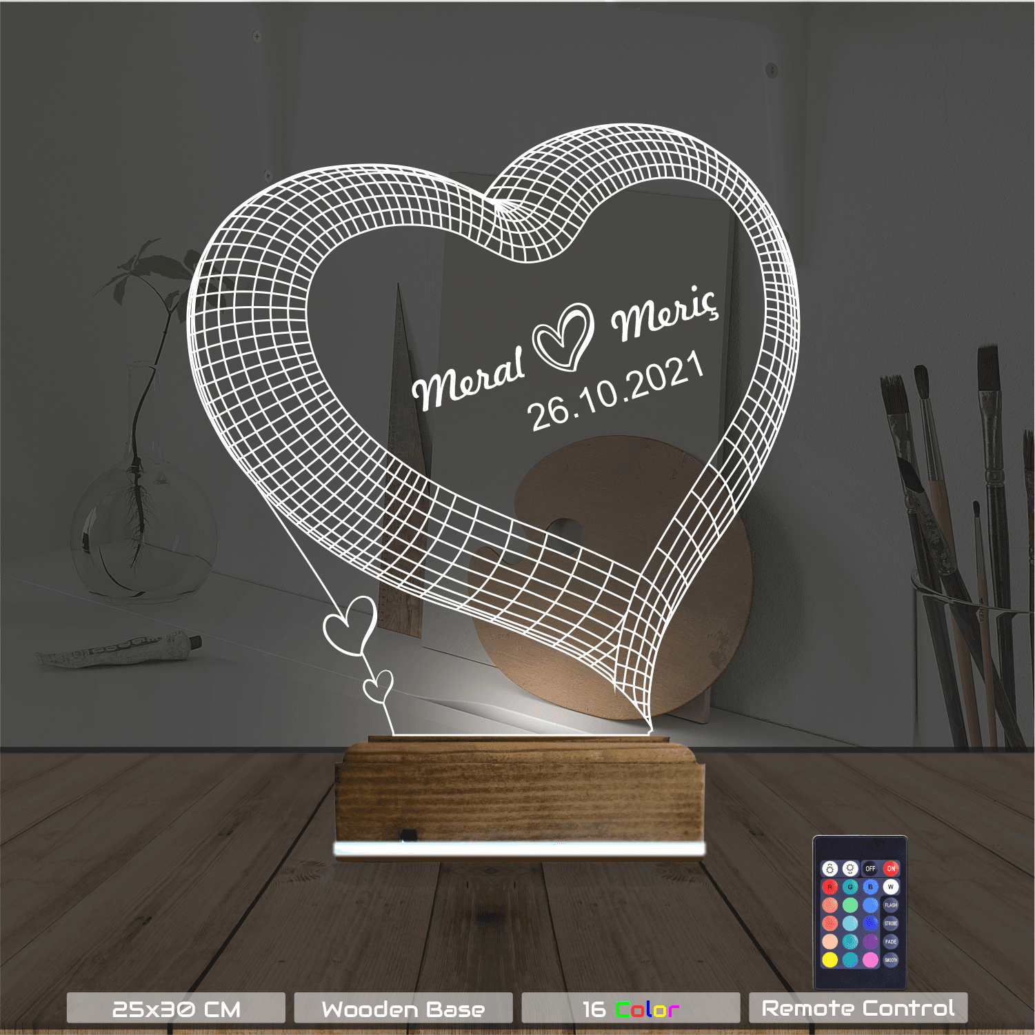 Сердце с именами — 3D LED Ночник | Подарок на годовщину 8