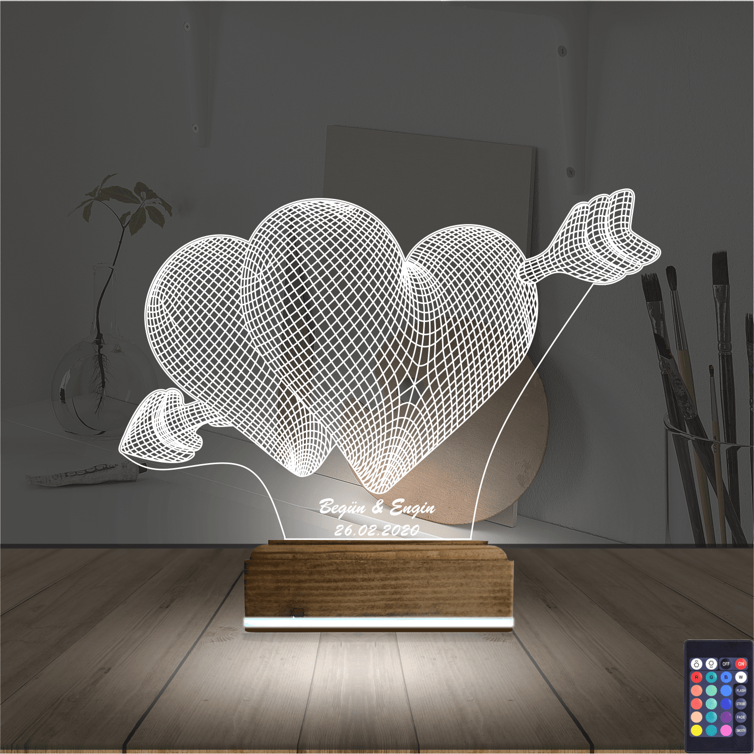 Сердца со стрелой — 3D LED Ночник | Подарок на годовщину 2