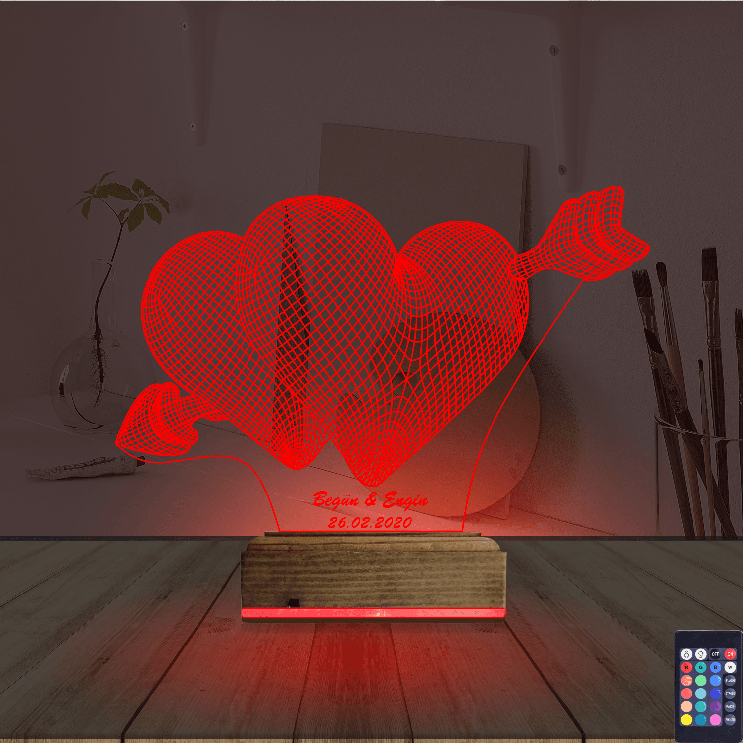 Сердца со стрелой — 3D LED Ночник | Подарок на годовщину 7