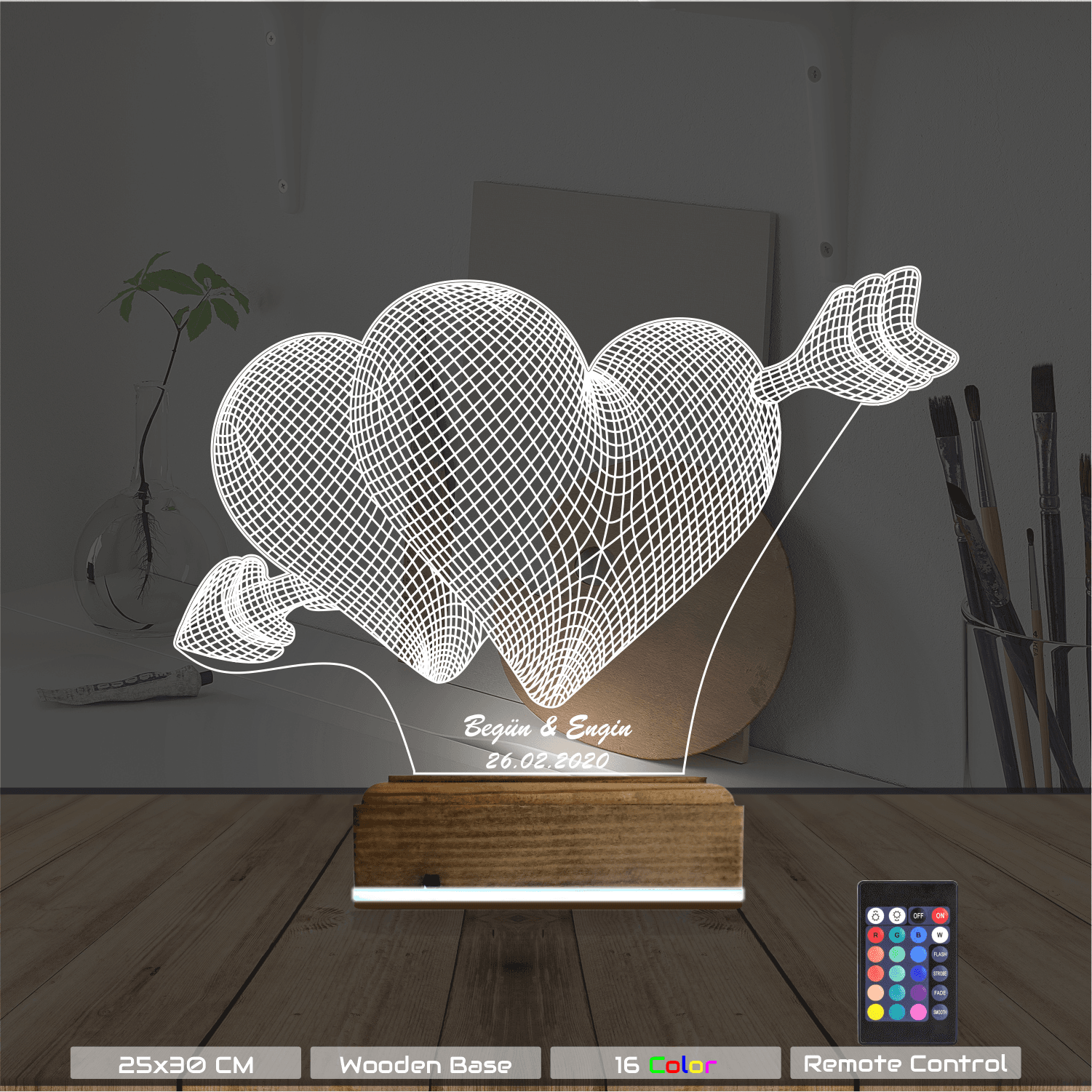 Сердца со стрелой — 3D LED Ночник | Подарок на годовщину 8