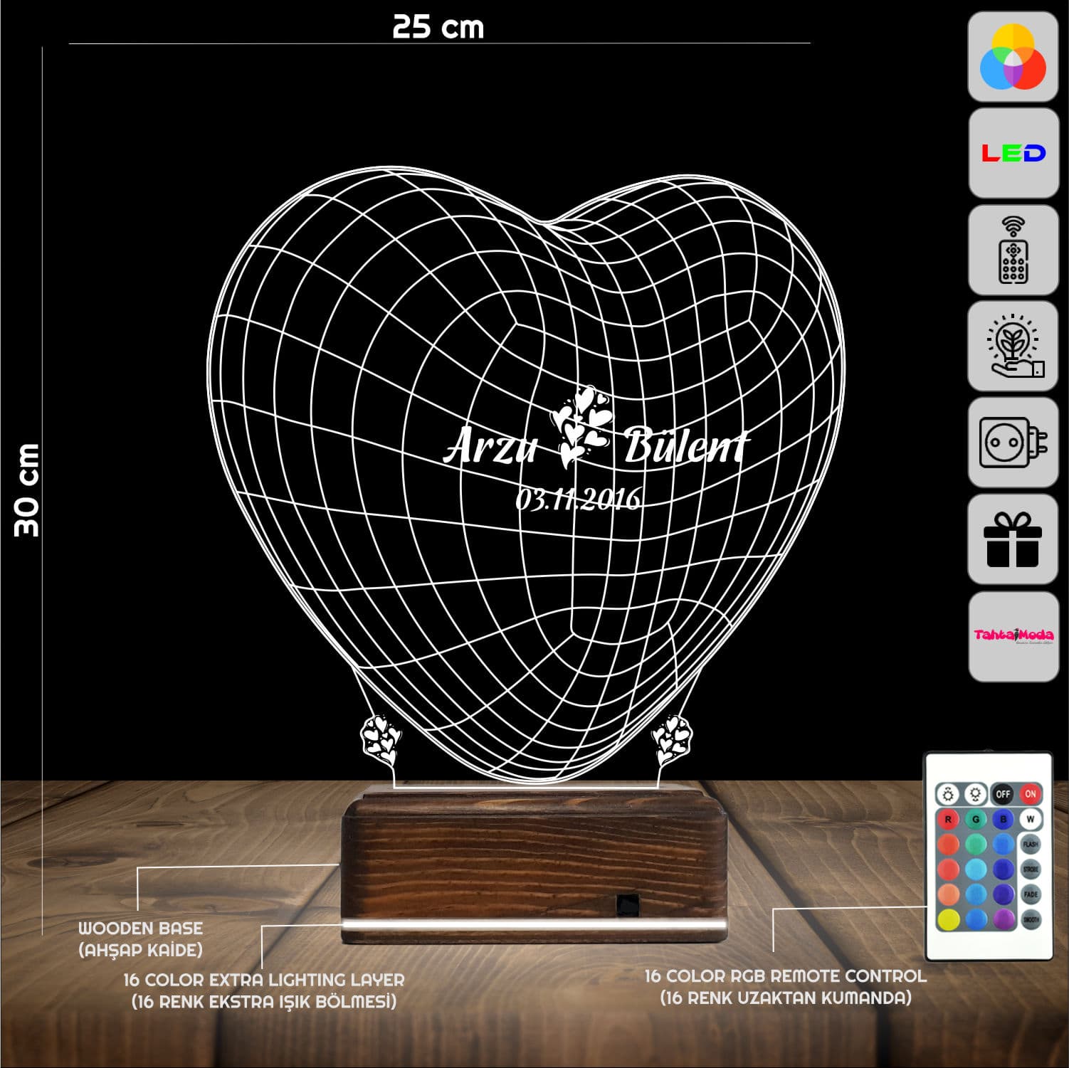 Сердце с именами — 3D LED Ночник | Подарок на годовщину 2
