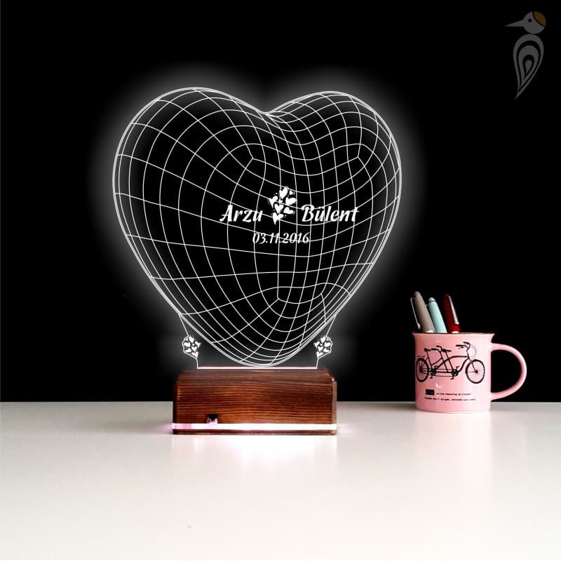 Сердце с именами — 3D LED Ночник | Подарок на годовщину 10