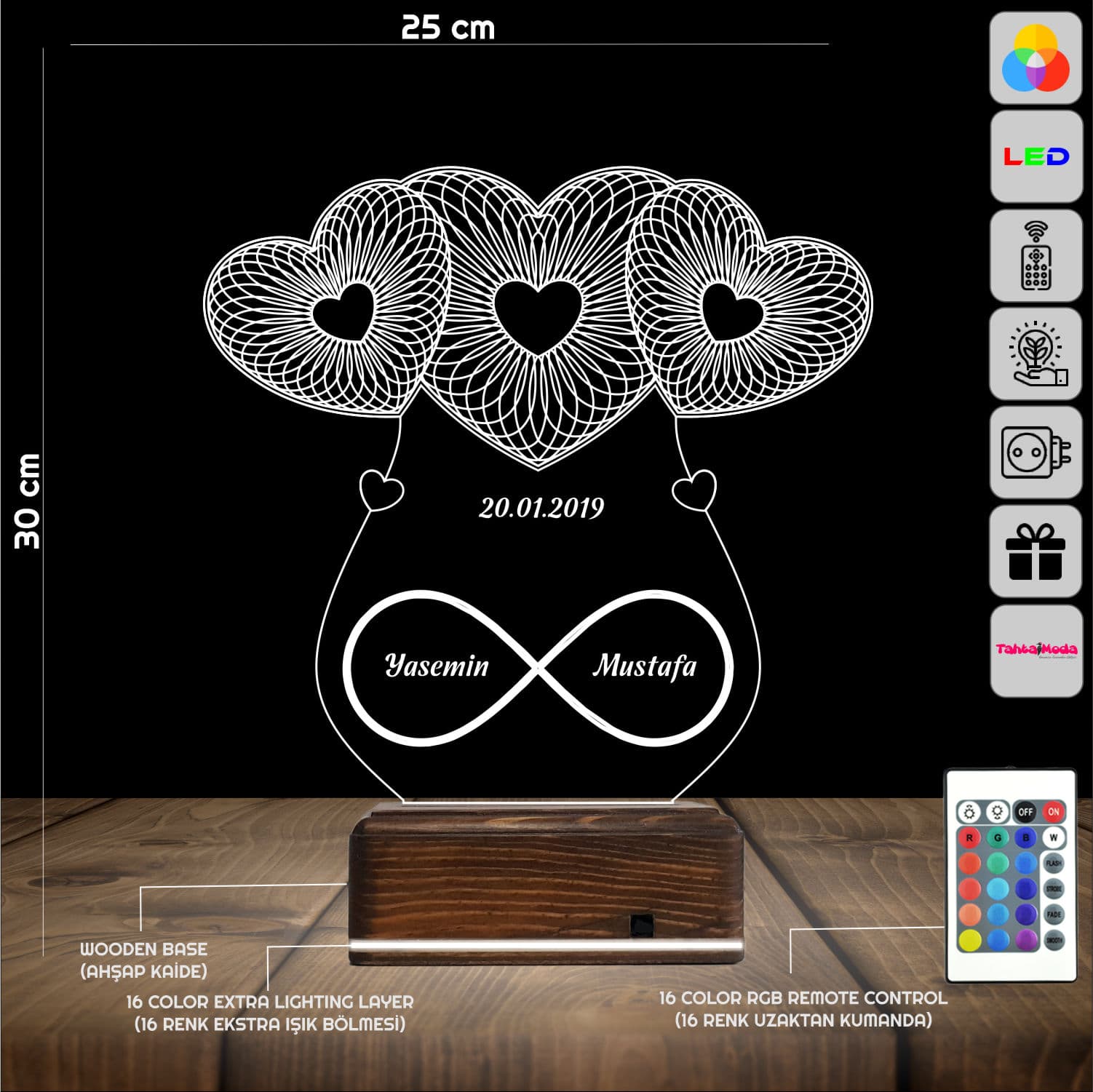 Сердца и бесконечность — 3D LED Ночник | Подарок на годовщину 2