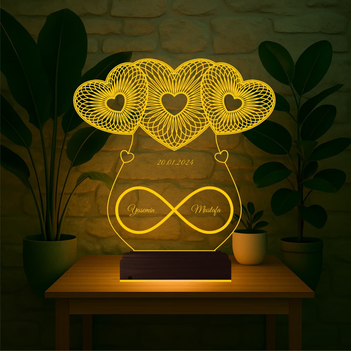Сердца и бесконечность — 3D LED Ночник | Подарок на годовщину 3