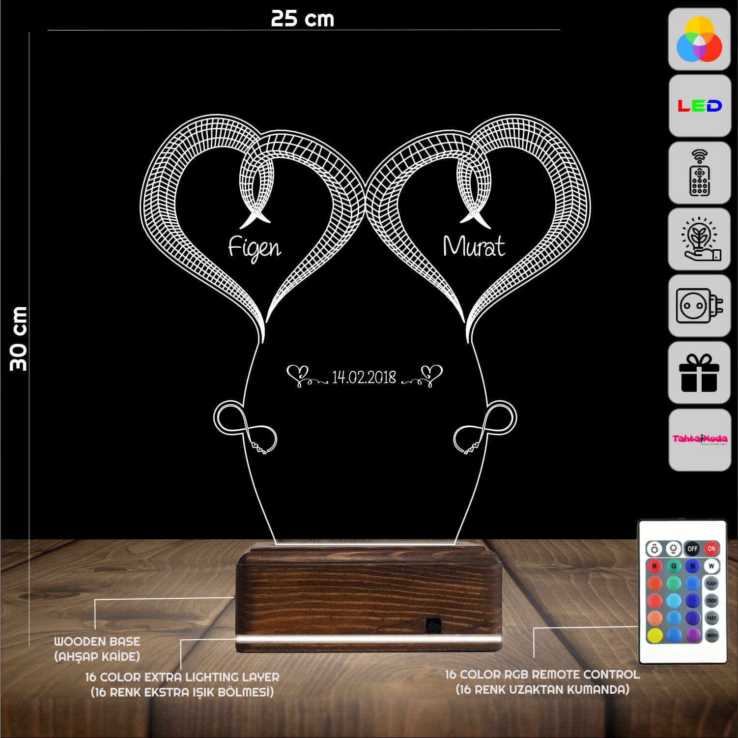 Сердца с именами — 3D LED Ночник | Подарок на годовщину 2