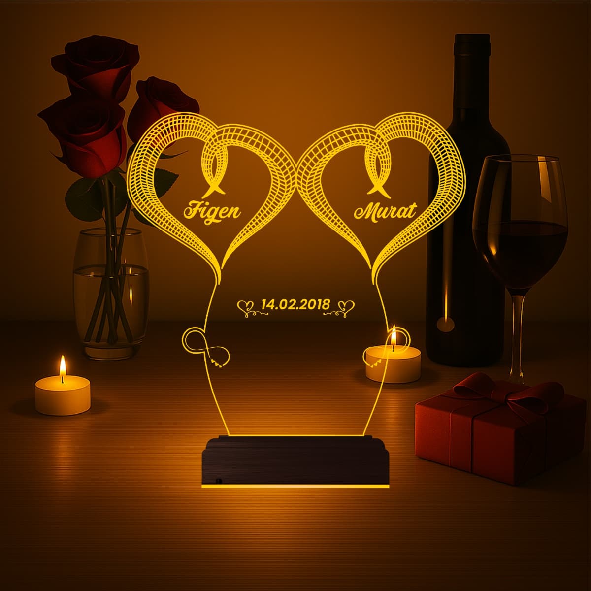 Сердца с именами — 3D LED Ночник | Подарок на годовщину 3