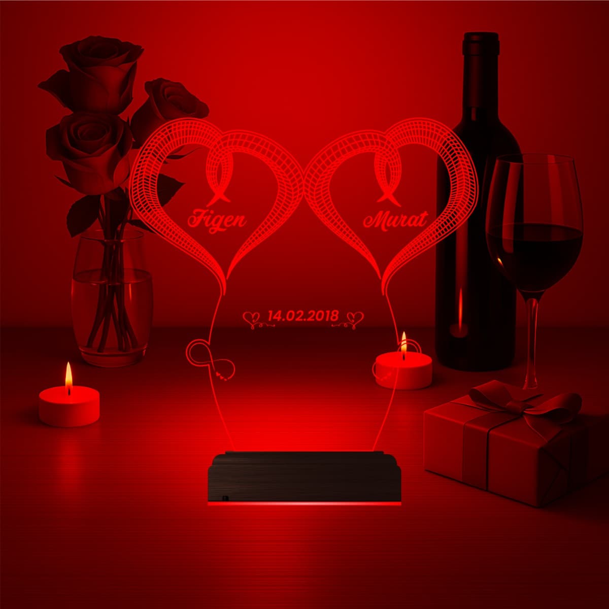 Сердца с именами — 3D LED Ночник | Подарок на годовщину 7