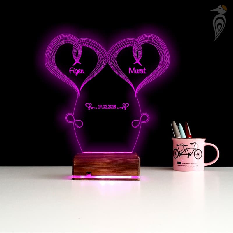 Сердца с именами — 3D LED Ночник | Подарок на годовщину 9