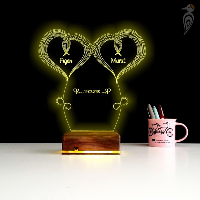 Сердца с именами — 3D LED Ночник | Подарок на годовщину 10