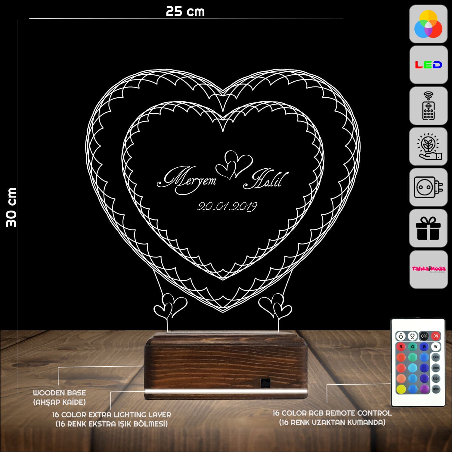 Именные Сердца — 3D LED Ночник | Подарок на годовщину 2