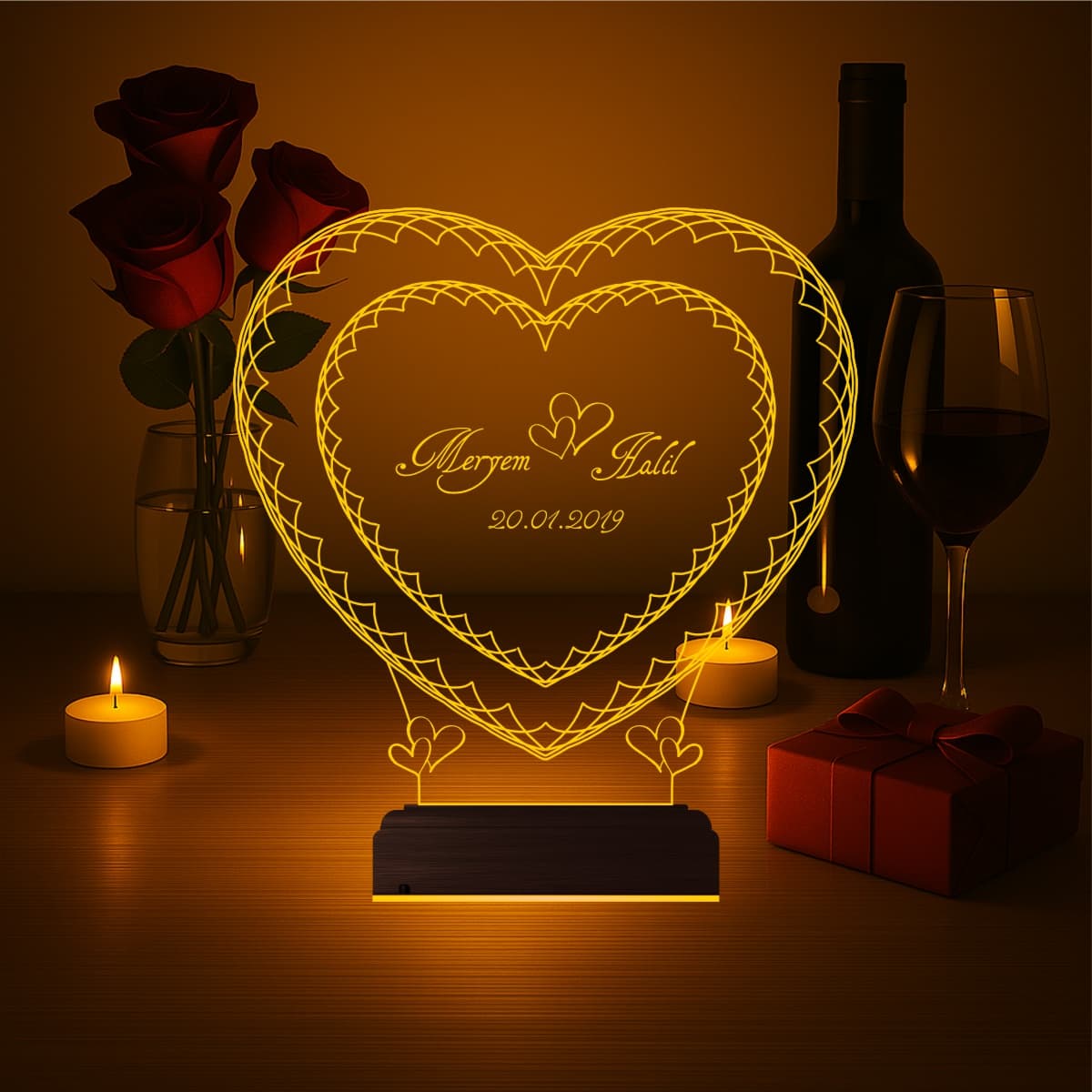 Именные Сердца — 3D LED Ночник | Подарок на годовщину 7