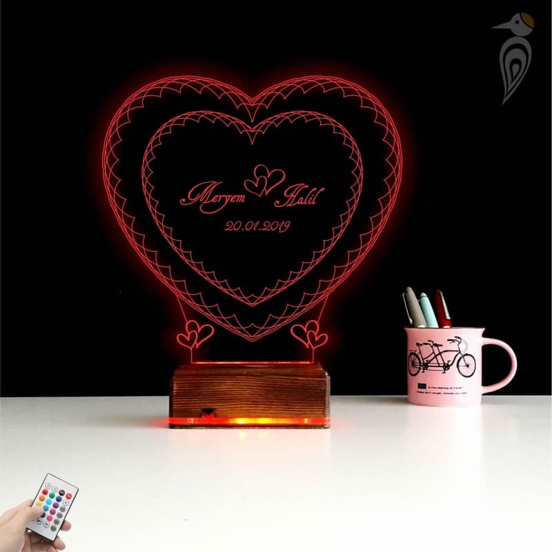 Именные Сердца — 3D LED Ночник | Подарок на годовщину 10
