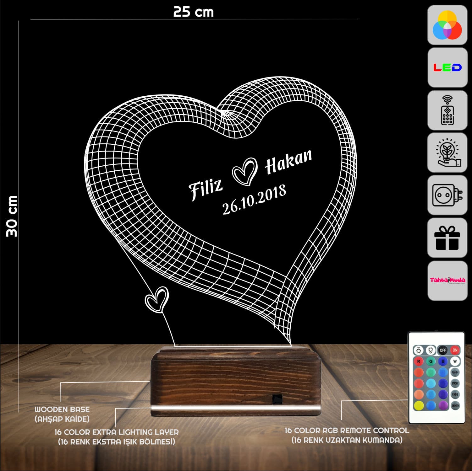 Сердце с именами — 3D LED Ночник | Подарок на годовщину 2