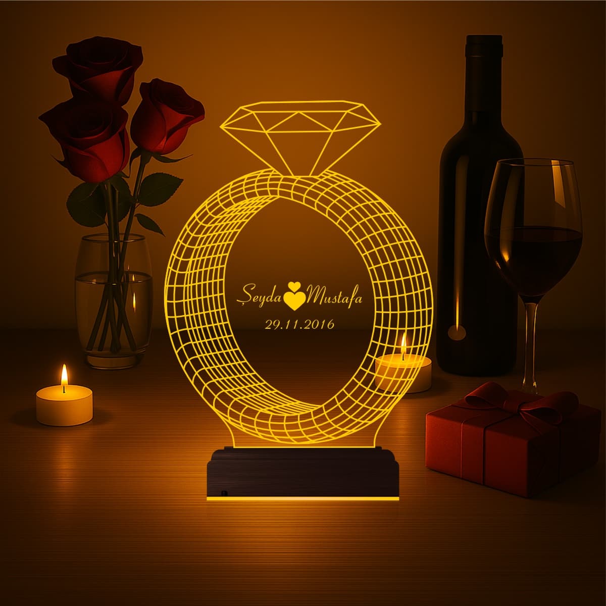 Кольцо с именами — 3D LED Ночник | Подарок на годовщину 3