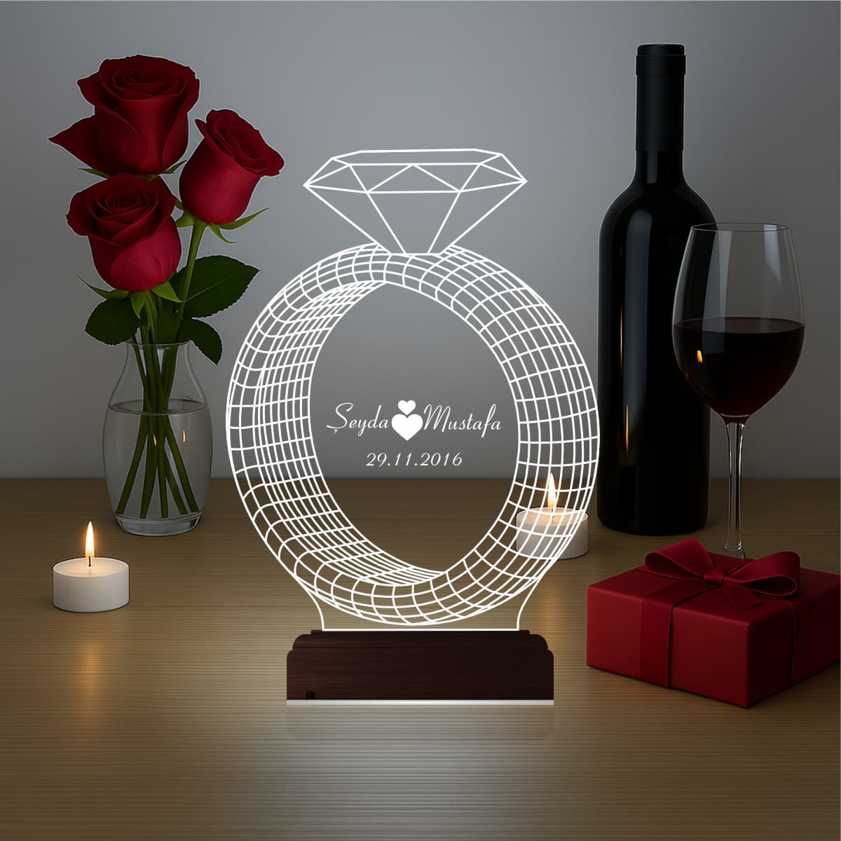 Кольцо с именами — 3D LED Ночник | Подарок на годовщину 7