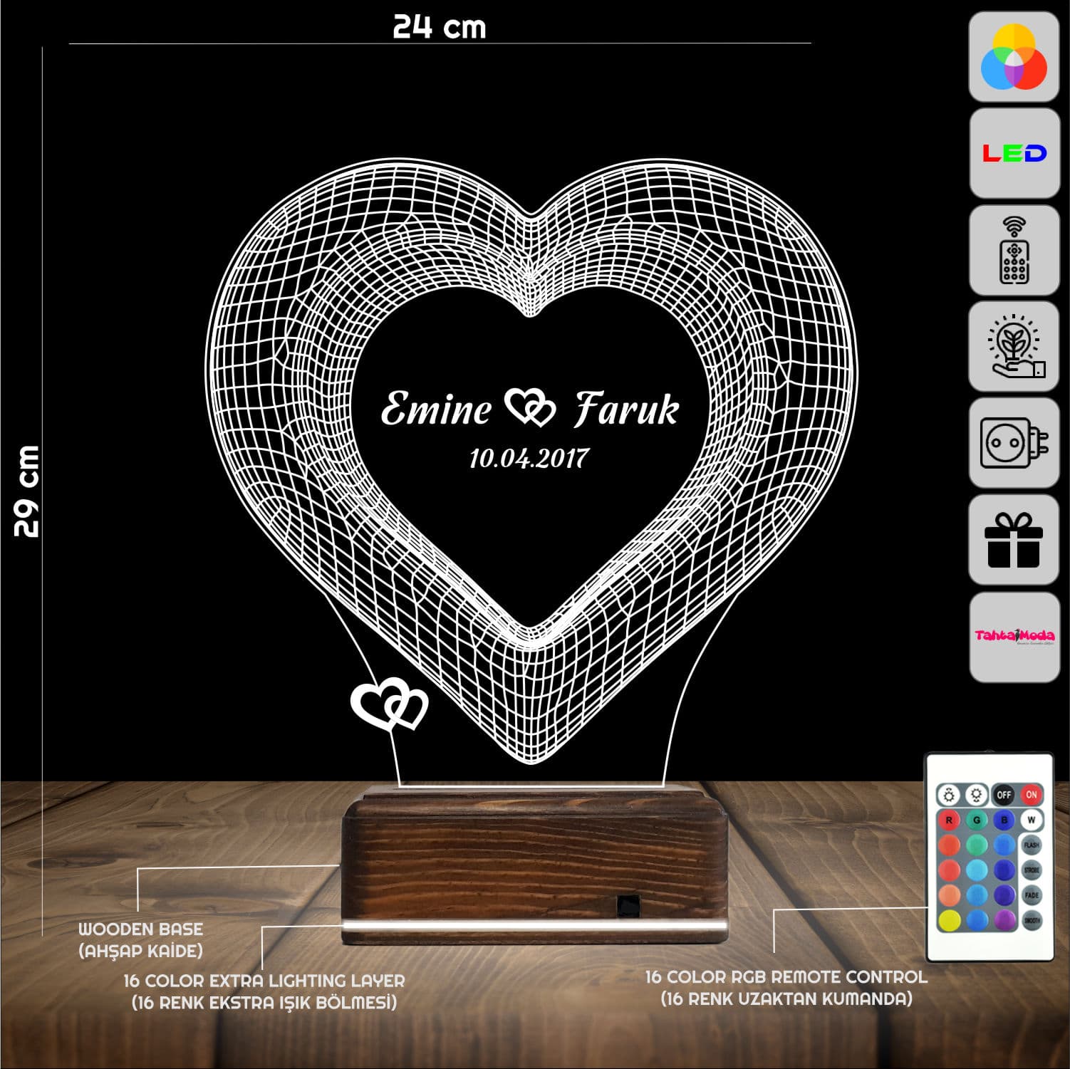 Именное Сердце — 3D LED Ночник | Подарок на годовщину 2