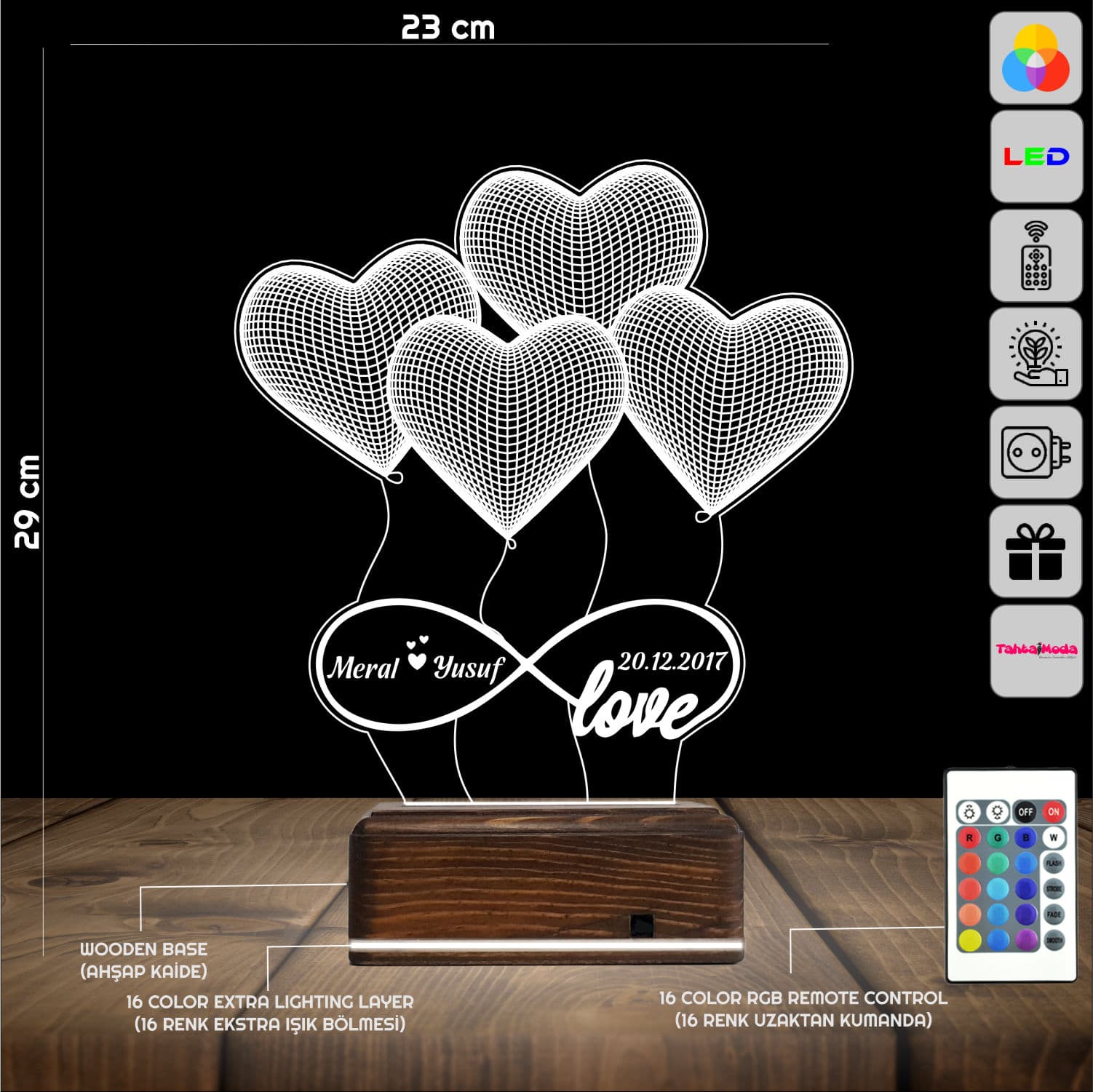 Сердца и Бесконечность — 3D LED Ночник | Подарок на годовщину 2