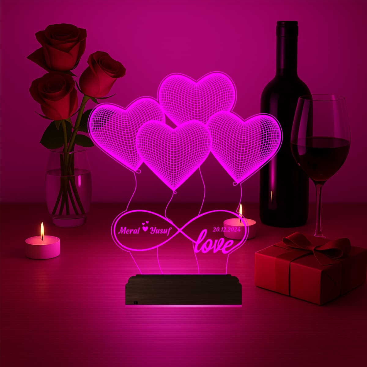 Сердца и Бесконечность — 3D LED Ночник | Подарок на годовщину 3